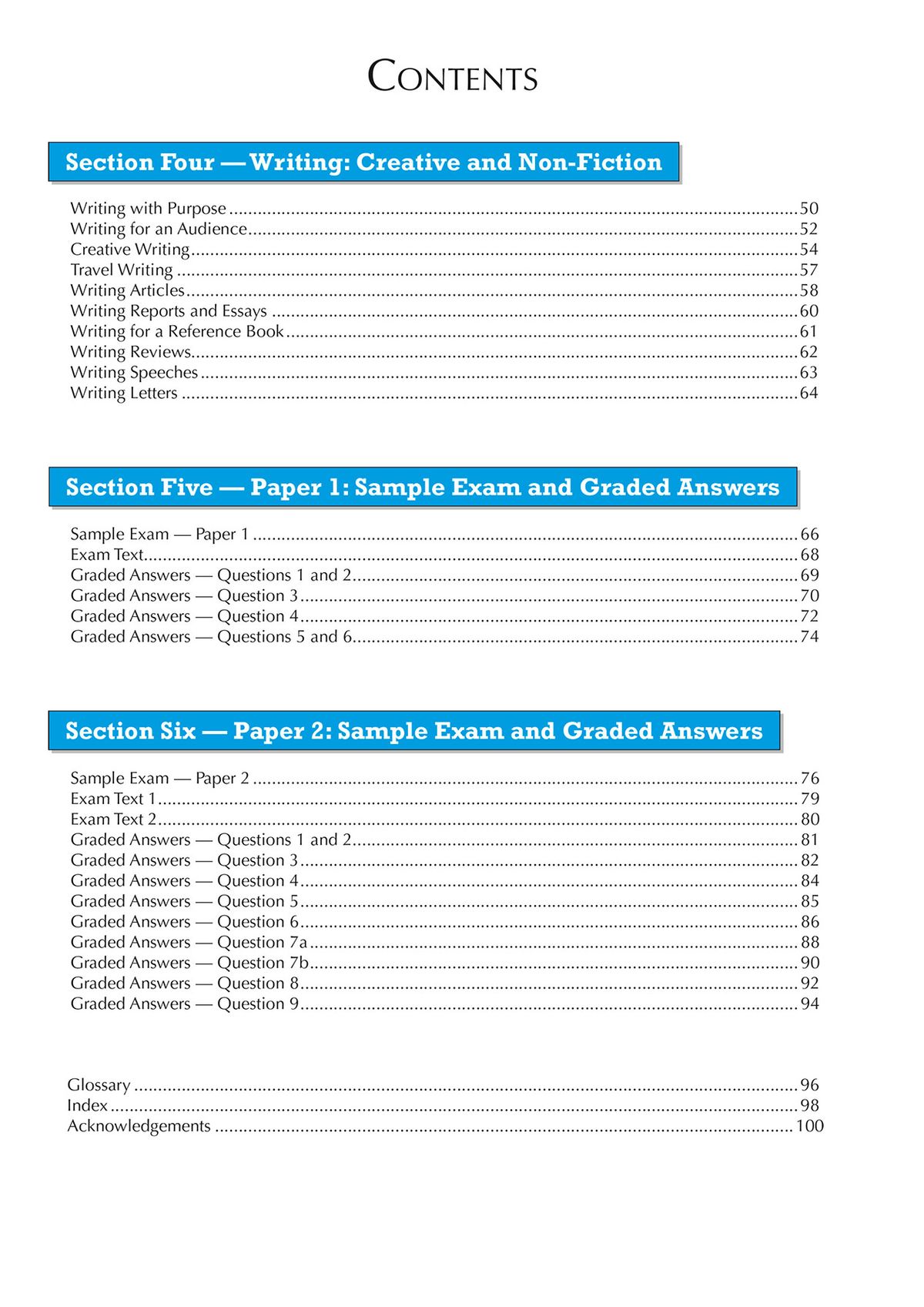 Contents page listing creative writing, non-fiction, and sample exam sections