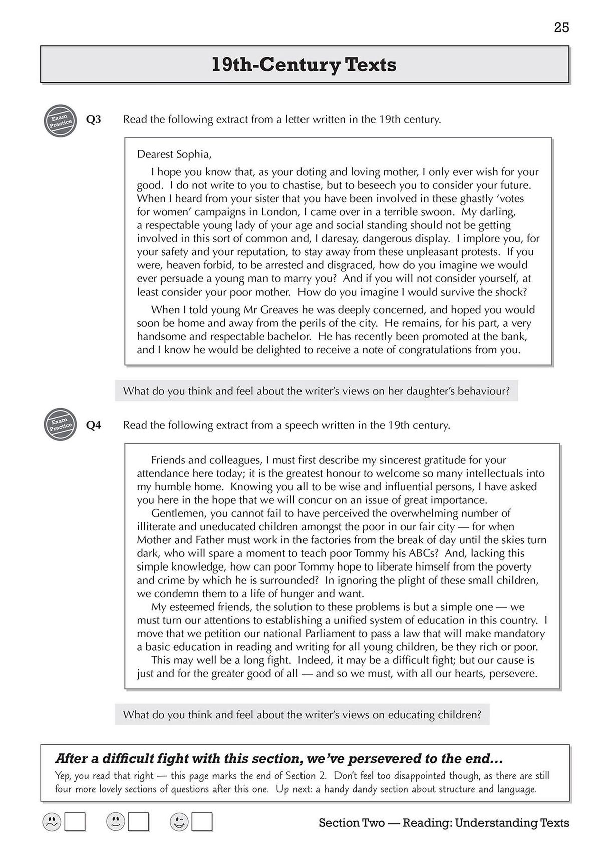 Sample page showing 19th-century text comprehension questions from the WJEC Eduqas workbook