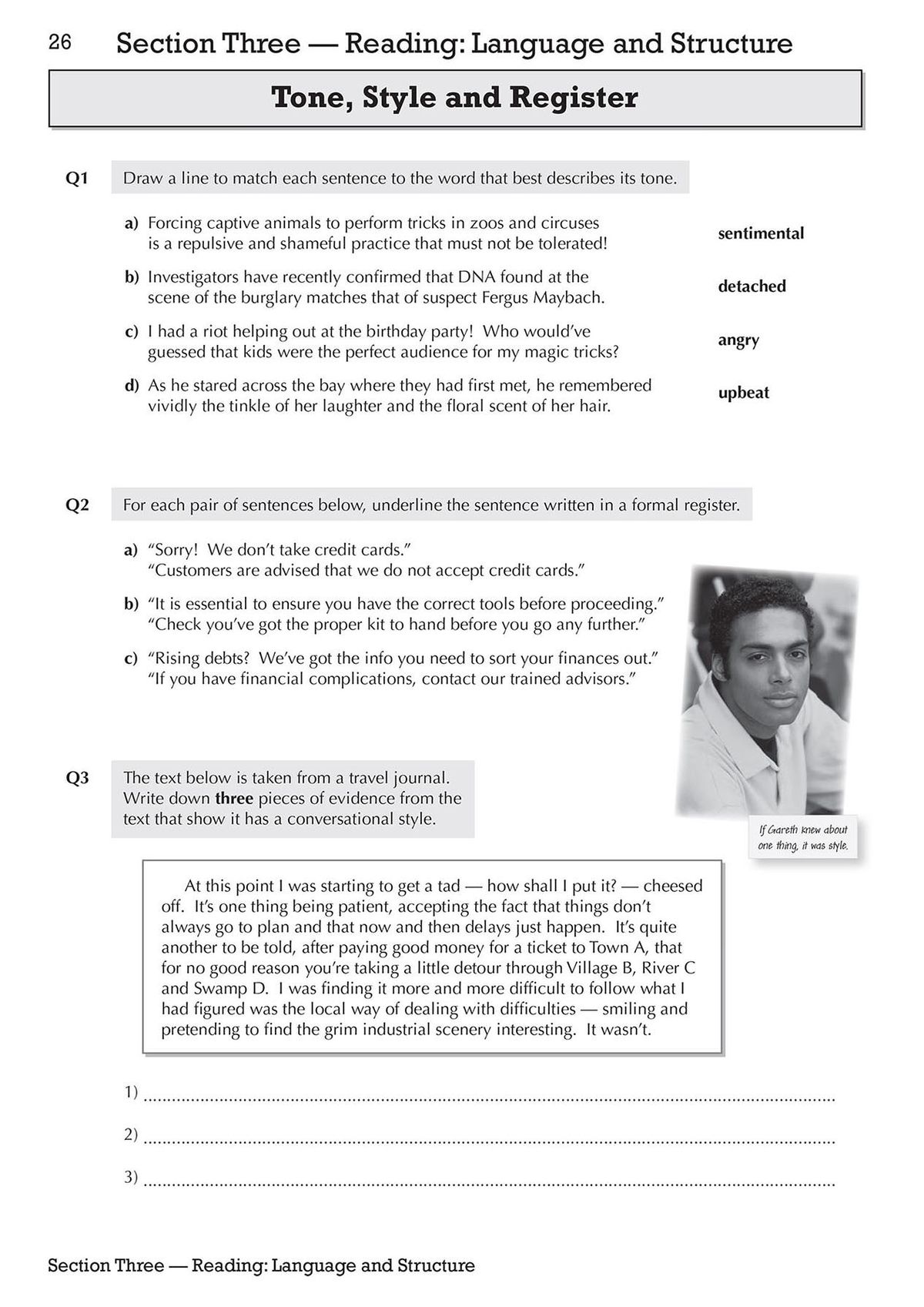 Sample page showing tone, style and register questions with matching exercises