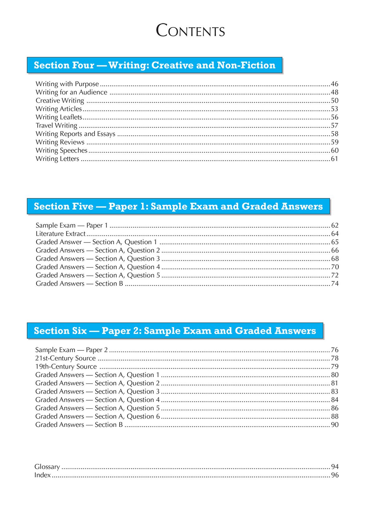 Contents page showing sections on creative writing, non-fiction, and sample exam papers