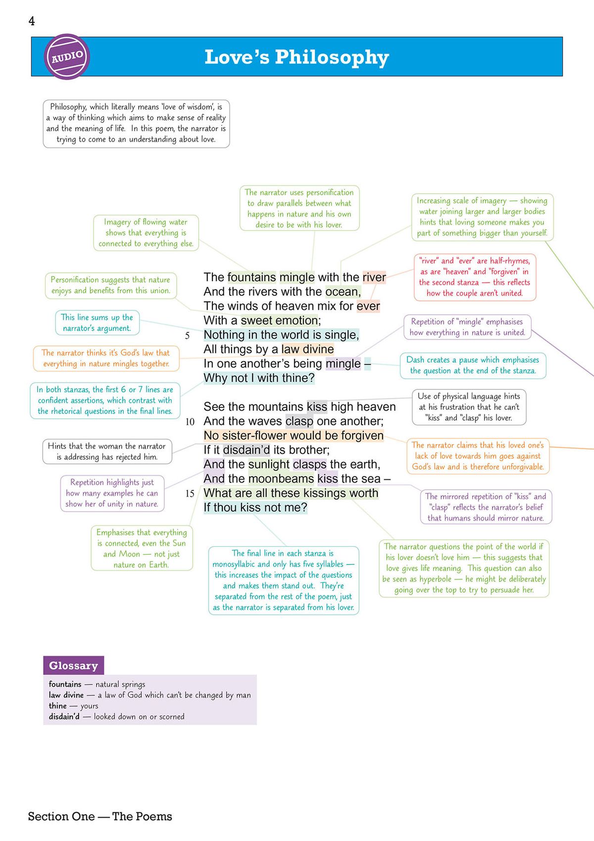 Annotated poetry page showing Love's Philosophy with detailed language and structure analysis