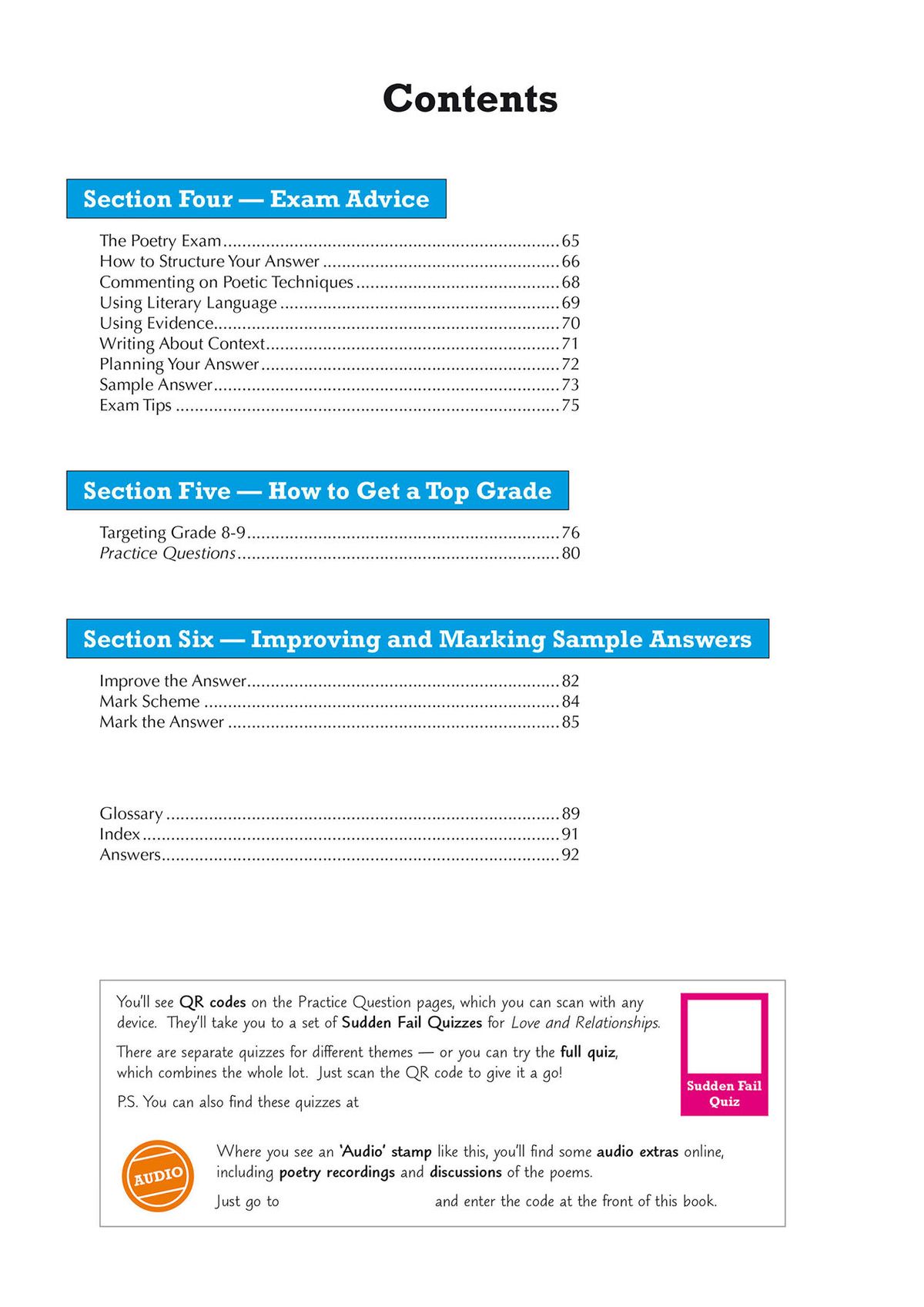 Contents page showing exam advice sections including how to structure answers and sample responses