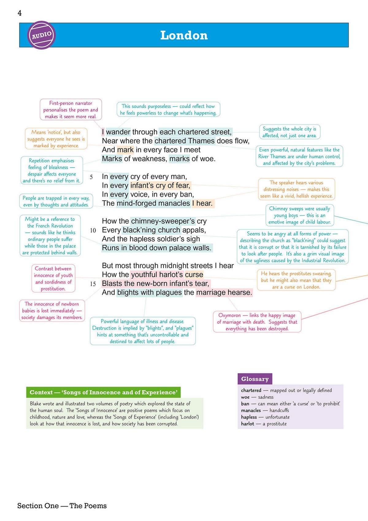 Annotated poem page from the Power and Conflict guide showing detailed analysis and commentary