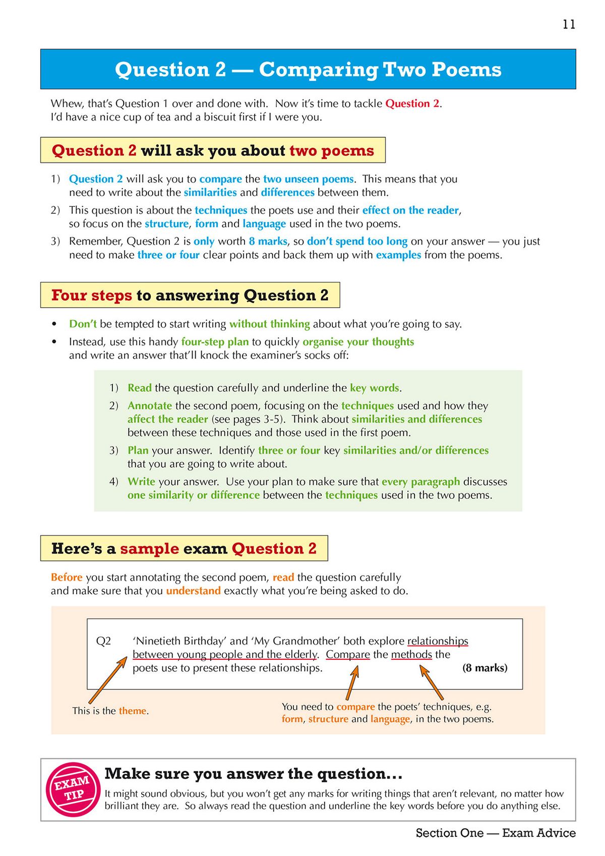 Exam advice page explaining how to compare two poems in Question 2