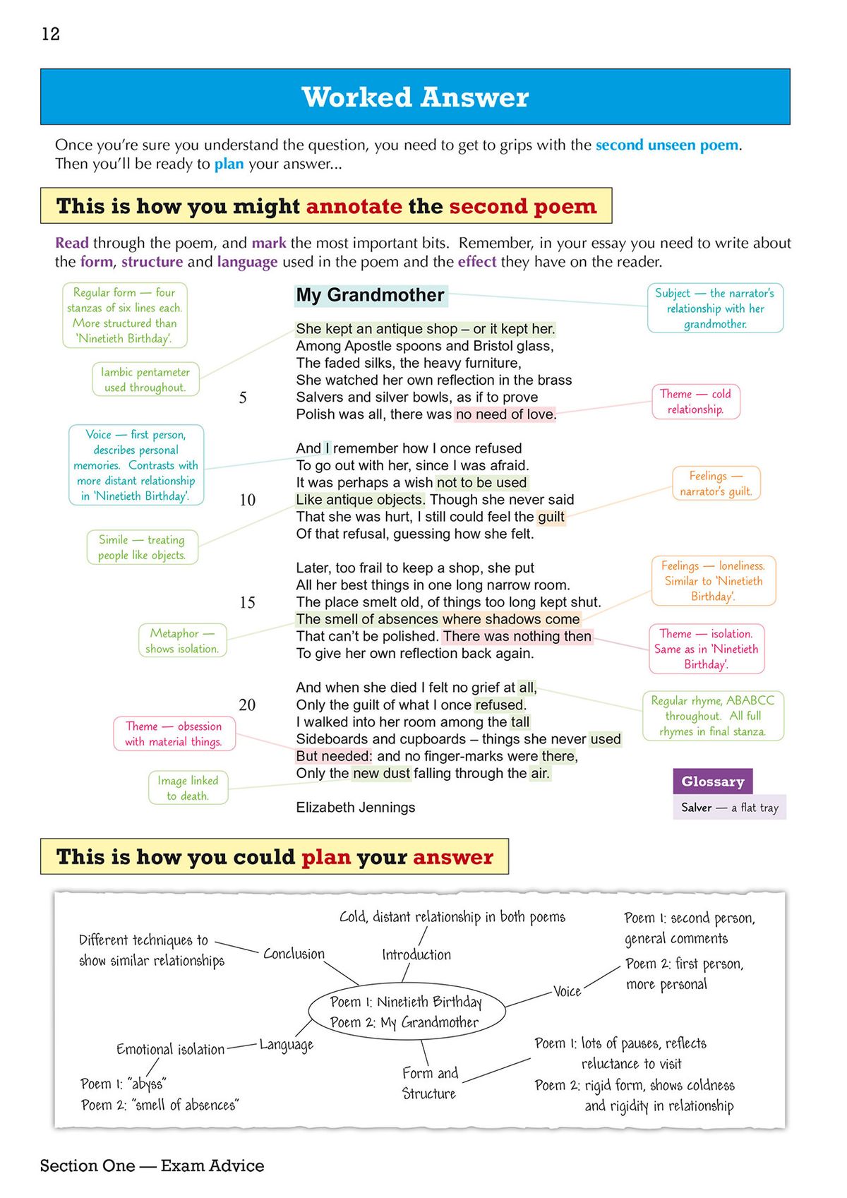 Worked answer page showing annotation and planning for comparing two poems