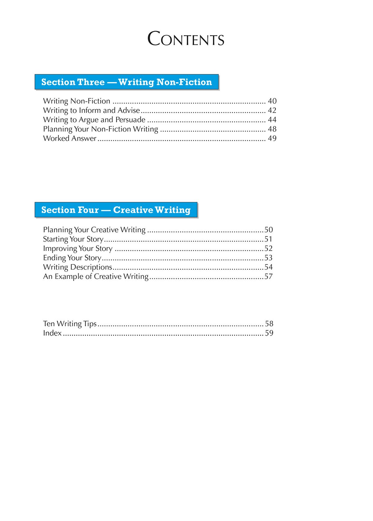 Contents page showing sections on writing non-fiction and creative writing