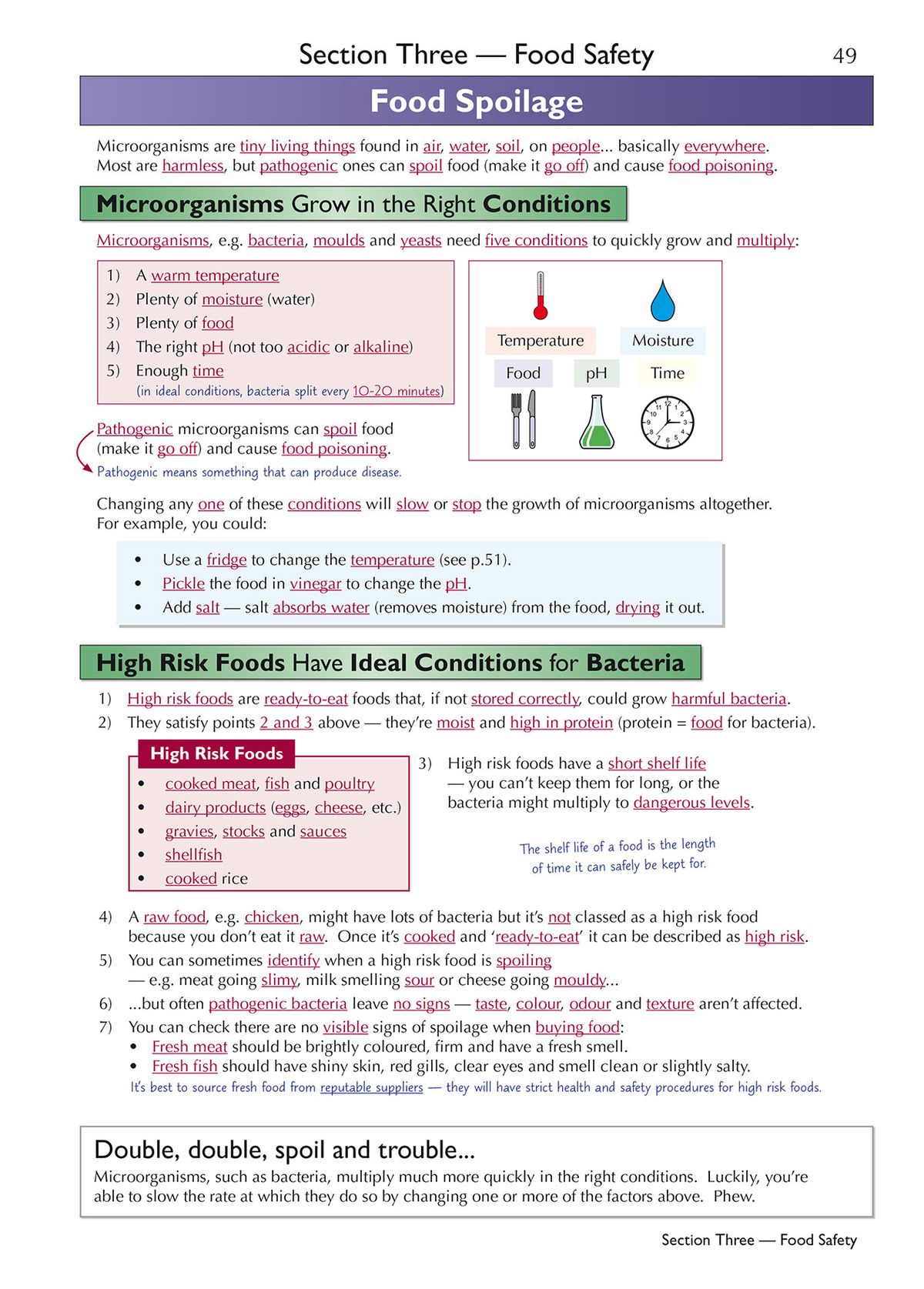 Inside page showing food spoilage content with diagrams and colour-coded sections