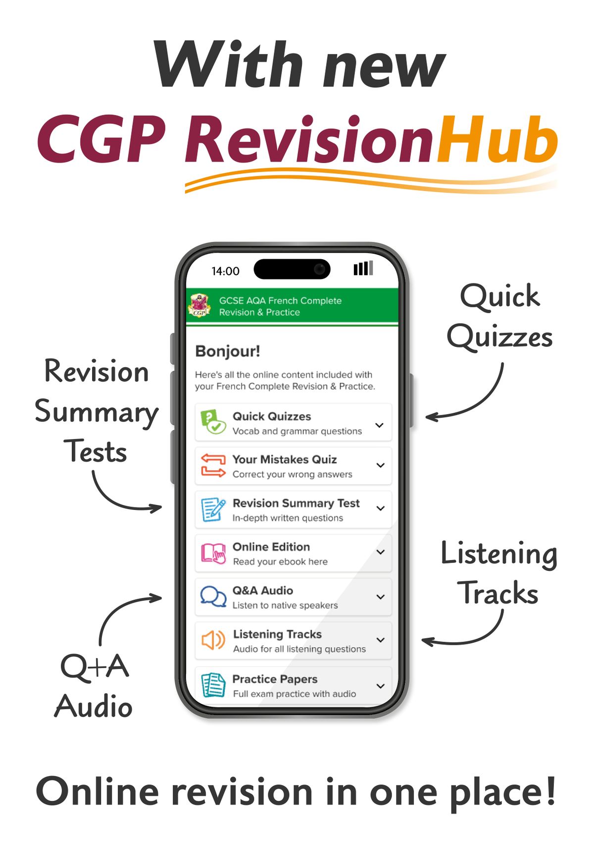 Mobile phone displaying CGP RevisionHub interface with quick quizzes, listening tracks and practice papers