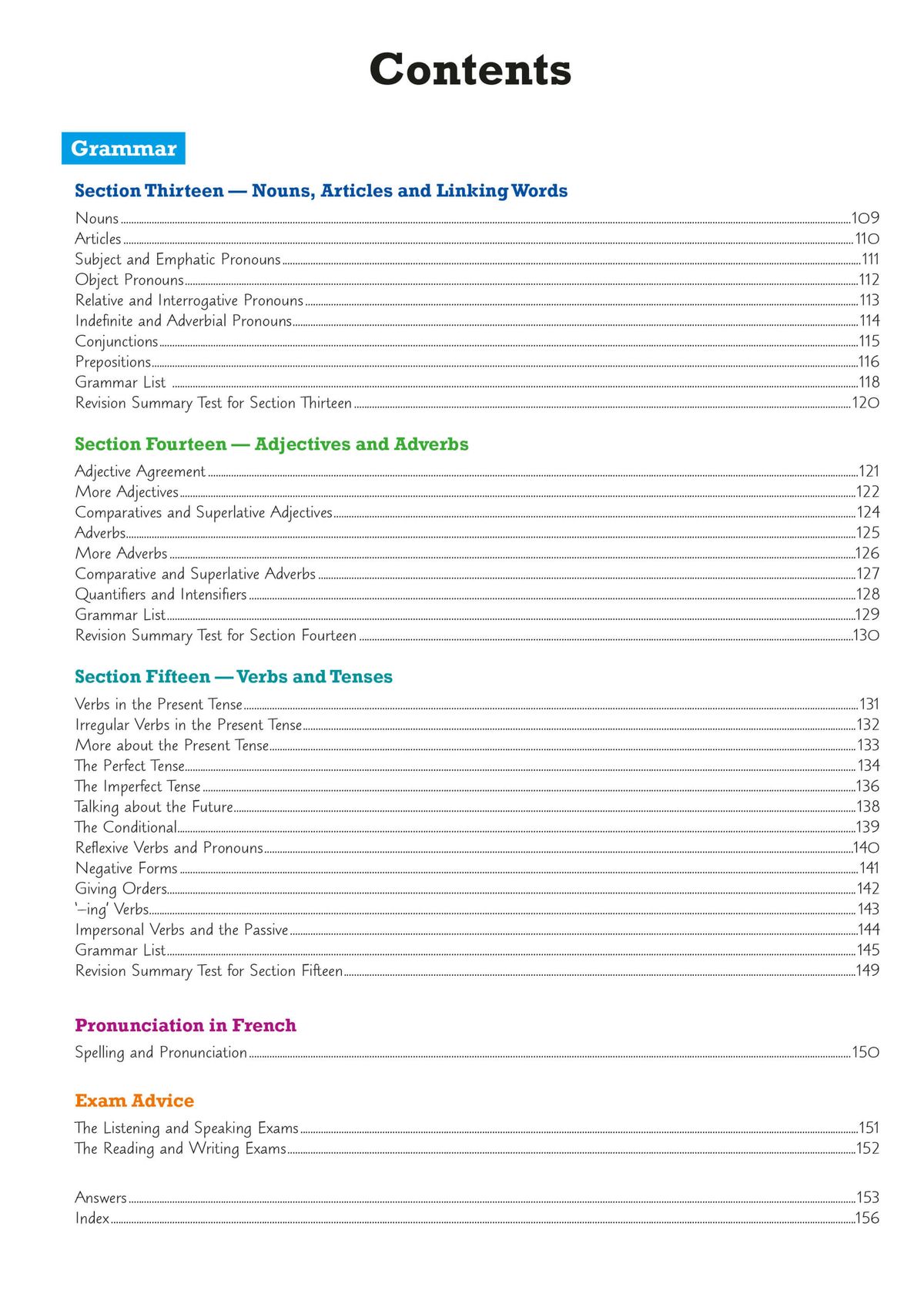 Contents page showing grammar sections including nouns, adjectives, verbs, tenses and exam advice