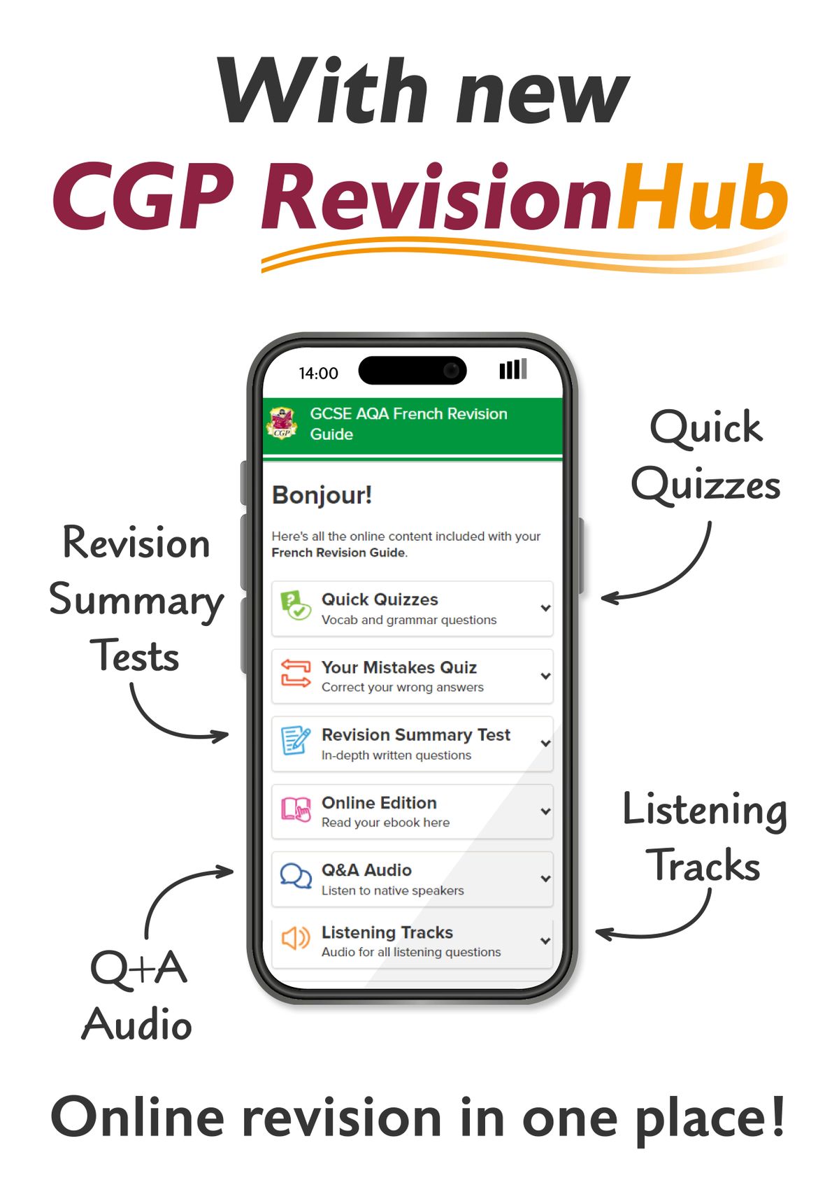 Smartphone screen displaying CGP RevisionHub interface with quick quizzes, revision tests, audio tracks and online edition options