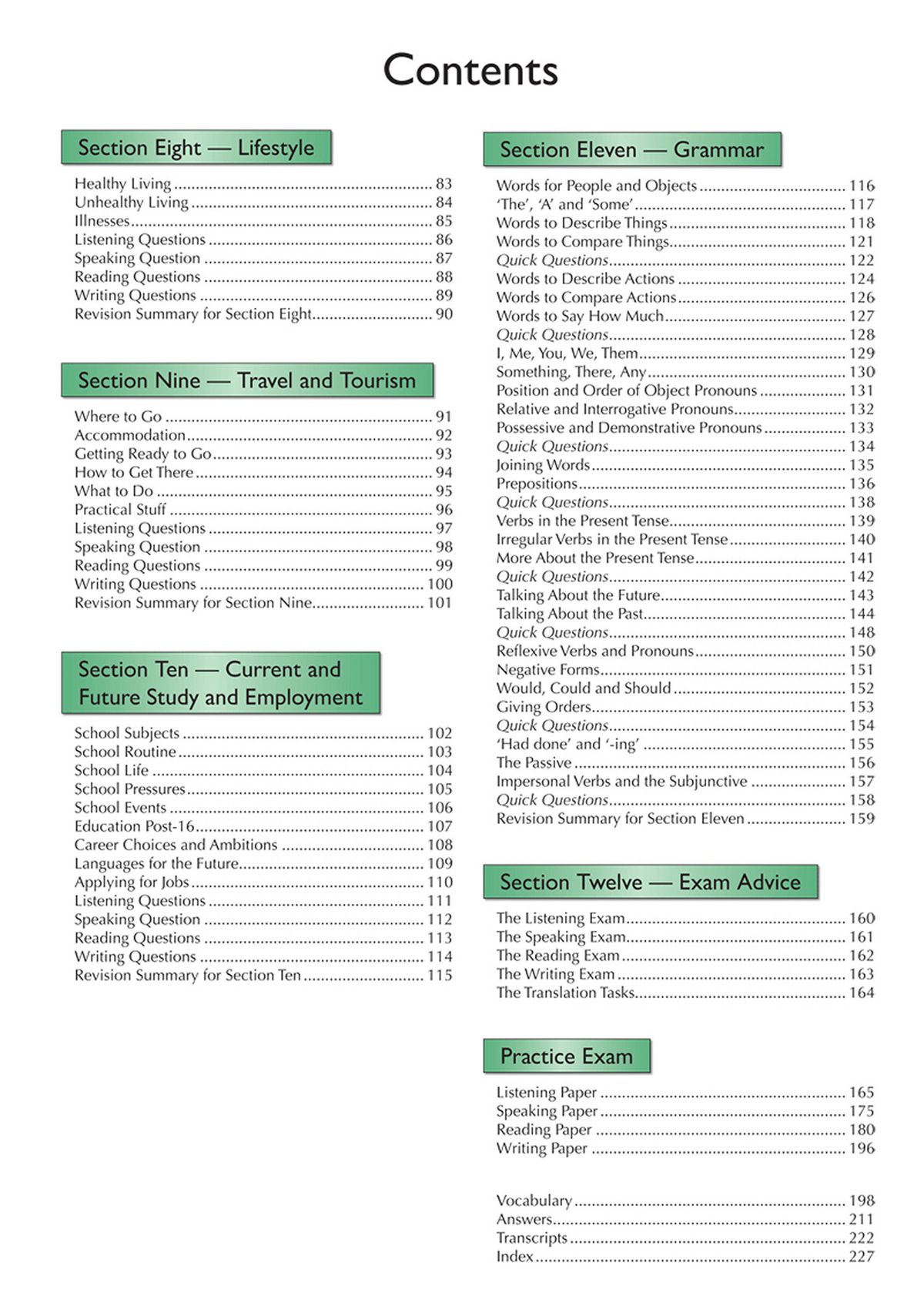 Contents page listing twelve sections from Lifestyle to Exam Advice and Practice Exam