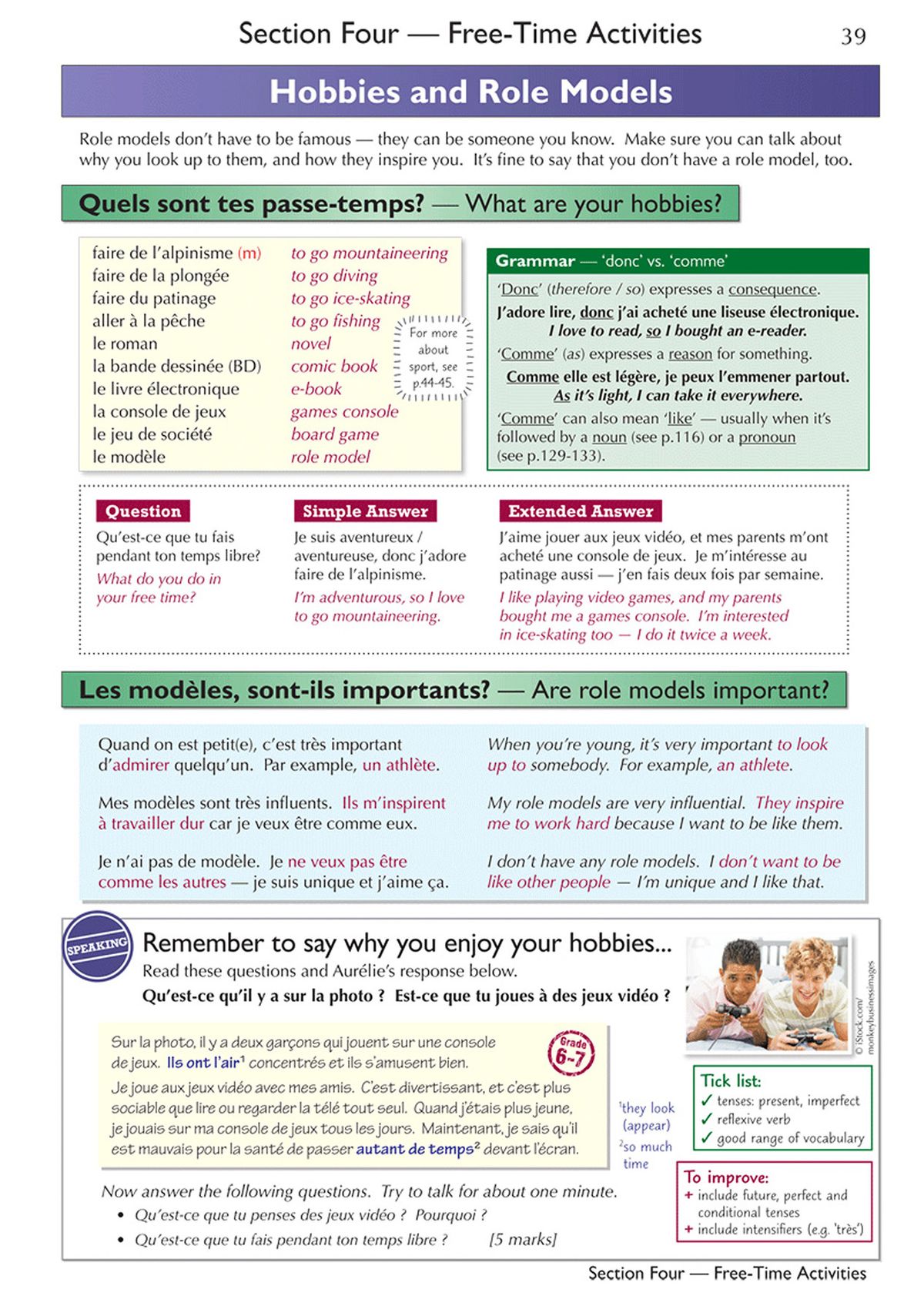Sample page showing hobbies and role models vocabulary with grammar explanations