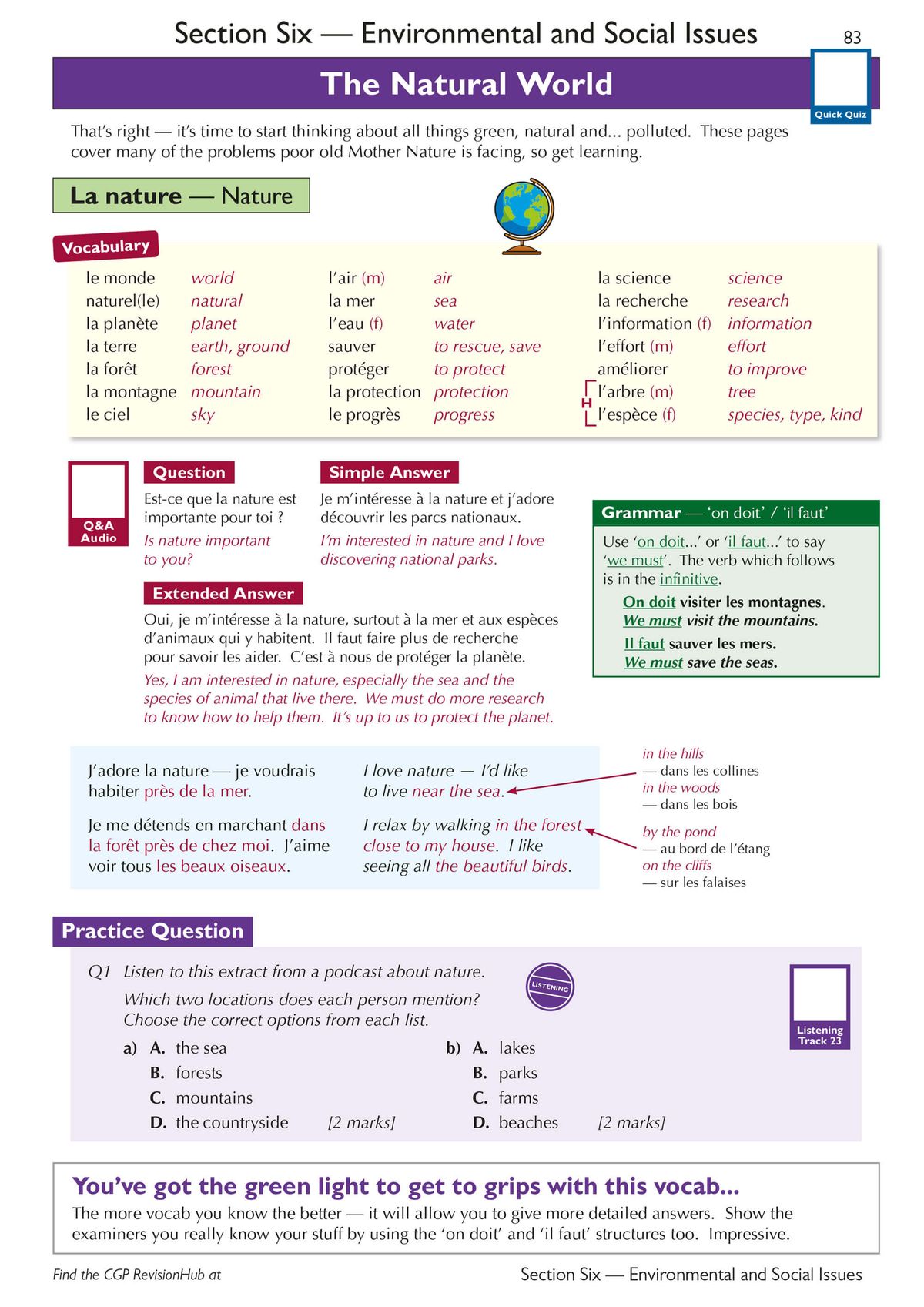 Sample page showing The Natural World vocabulary with French-English translations and example questions