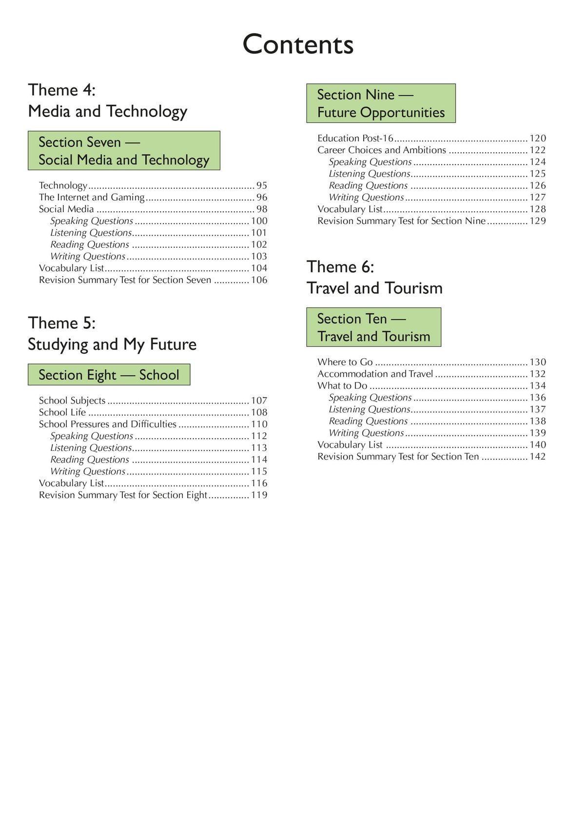 Contents page listing themes including Media and Technology, Studying and My Future, and Travel and Tourism