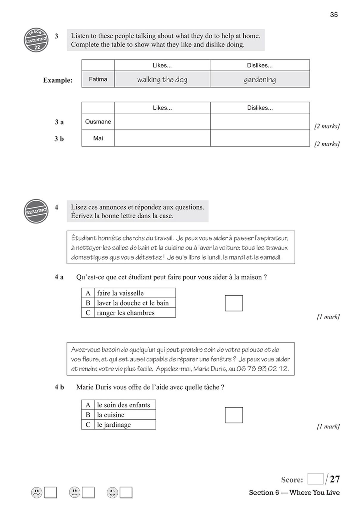 French grammar and listening comprehension exercises with answer boxes