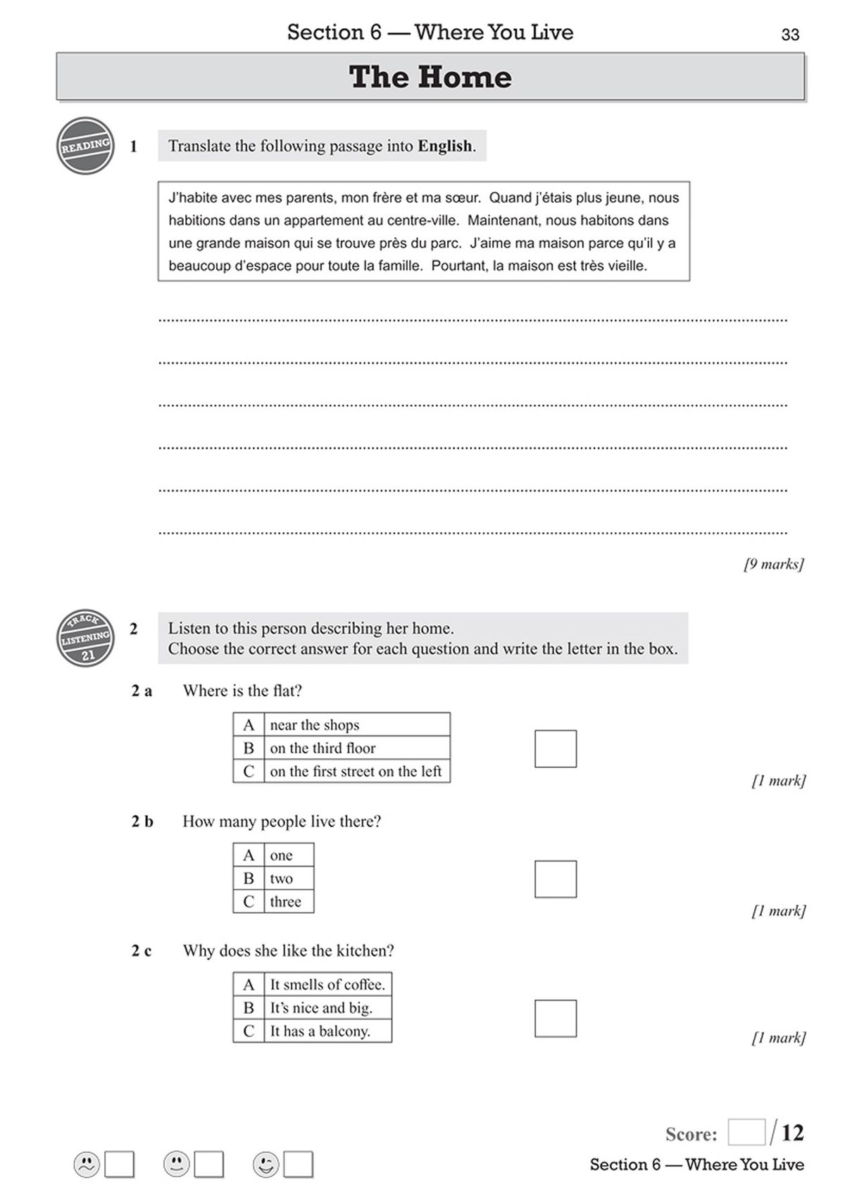 Inside pages showing French reading comprehension questions and translation exercises