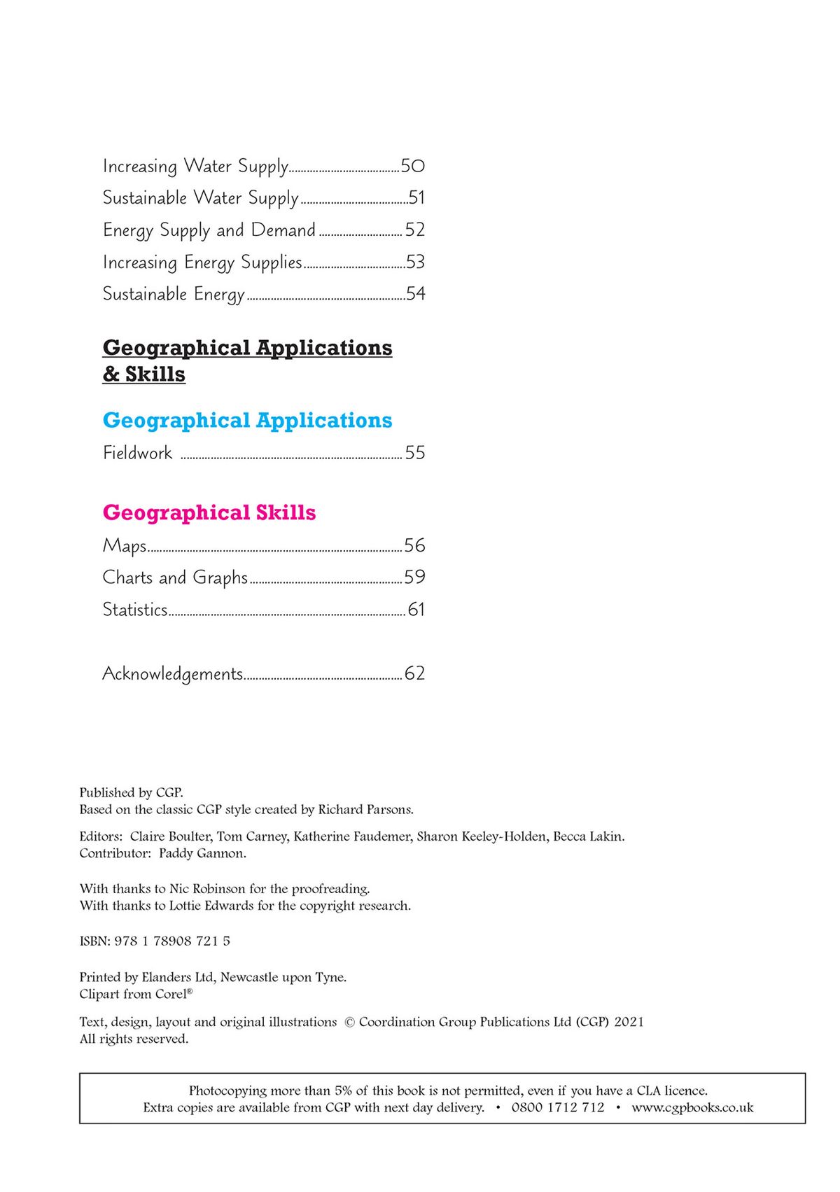 Contents page listing geographical topics and skills sections