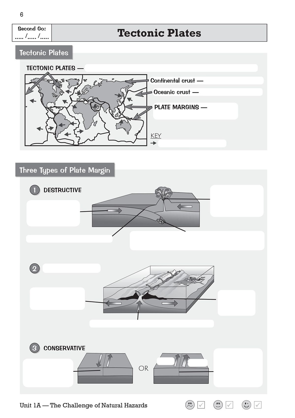 Sample page showing tectonic plates diagrams and fill-in exercises