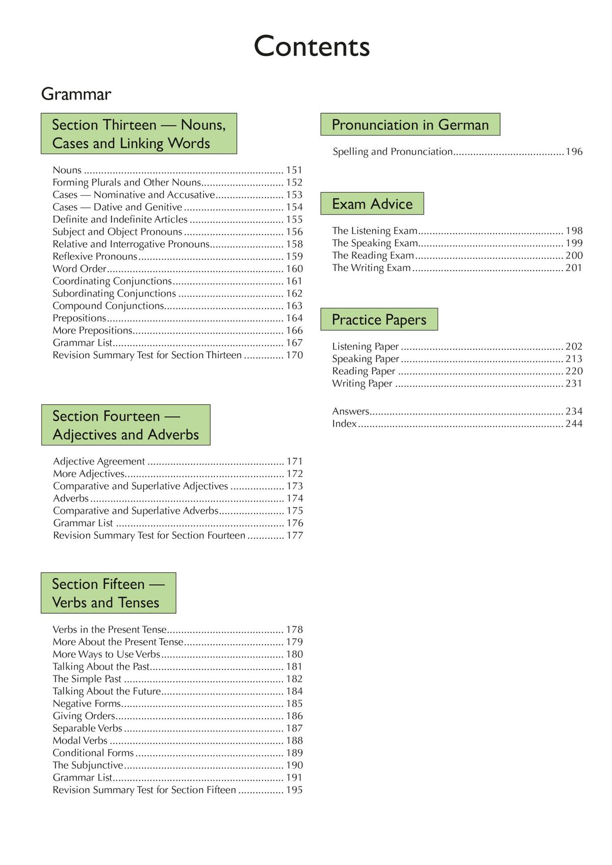 Contents page showing grammar sections, exam advice and practice papers