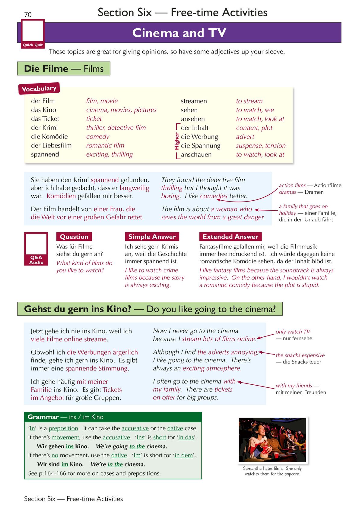 Sample page on cinema and TV vocabulary with German-English translations