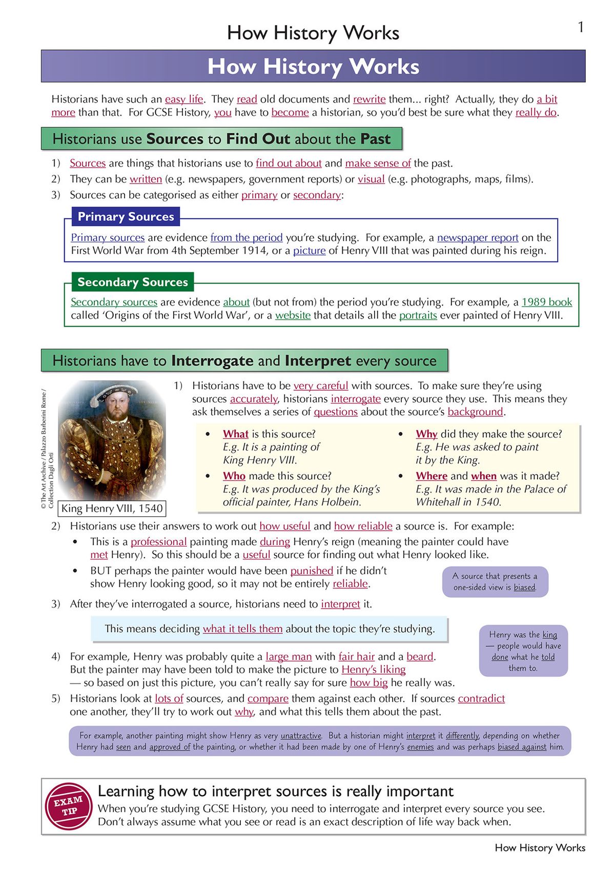 Inside page showing how historians interpret primary and secondary sources