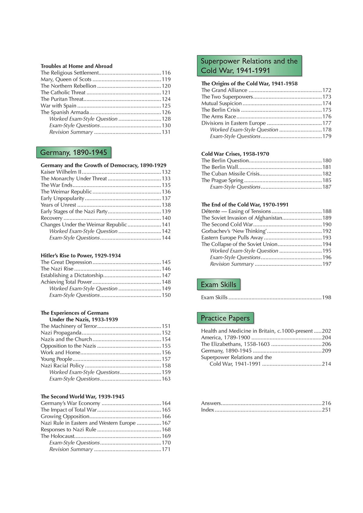 Contents page showing comprehensive topic coverage and practice papers