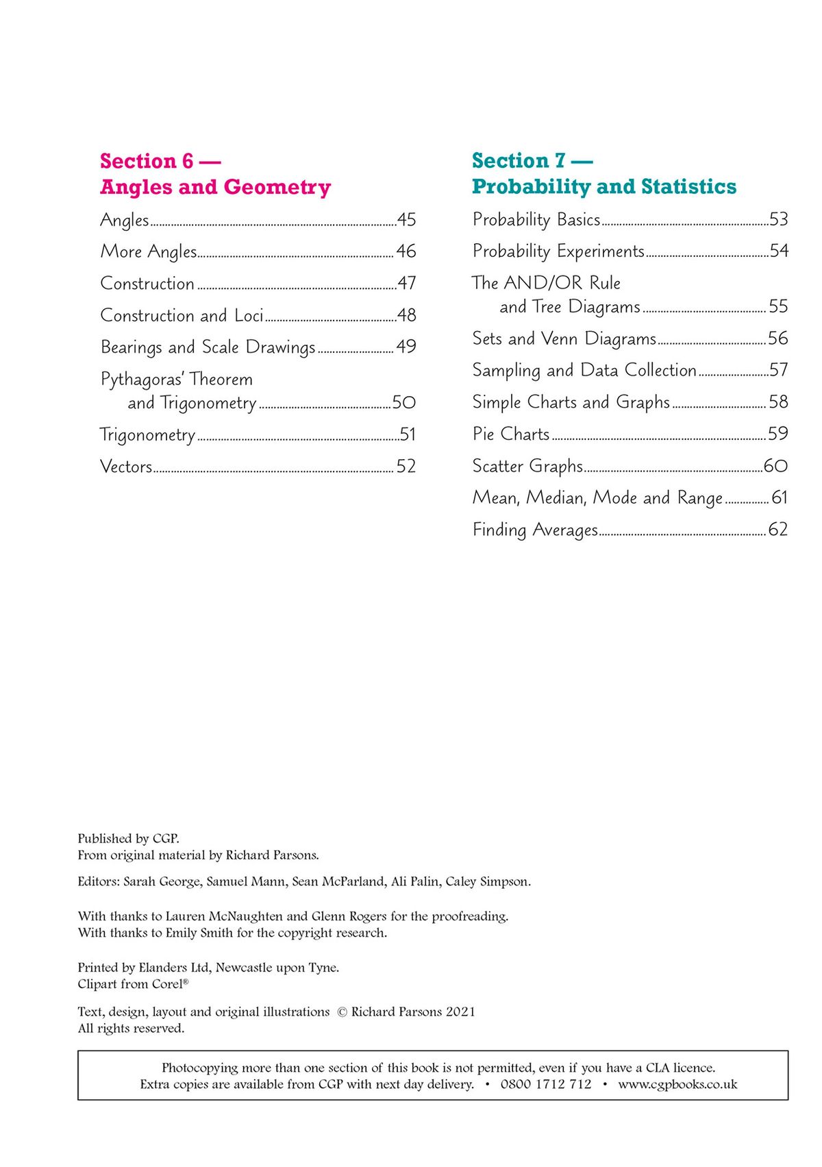 Contents page showing Angles and Geometry topics and Probability and Statistics topics