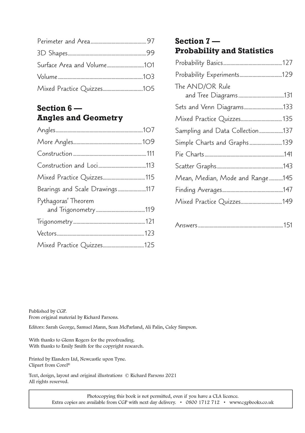 Contents page listing sections for Probability and Statistics with answers page reference