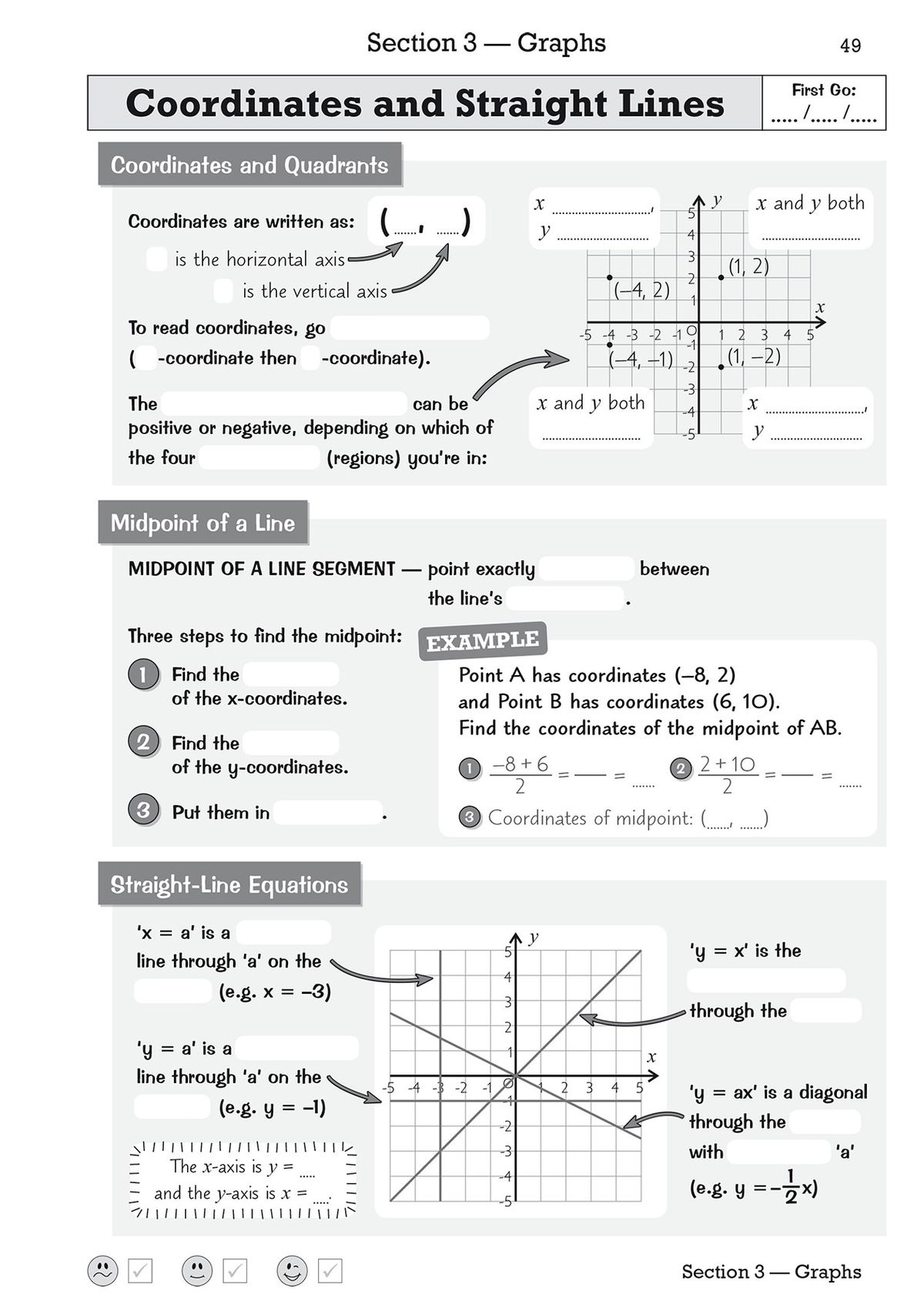 Sample spread showing coordinates and straight-lines retrieval exercises with fill-in sections
