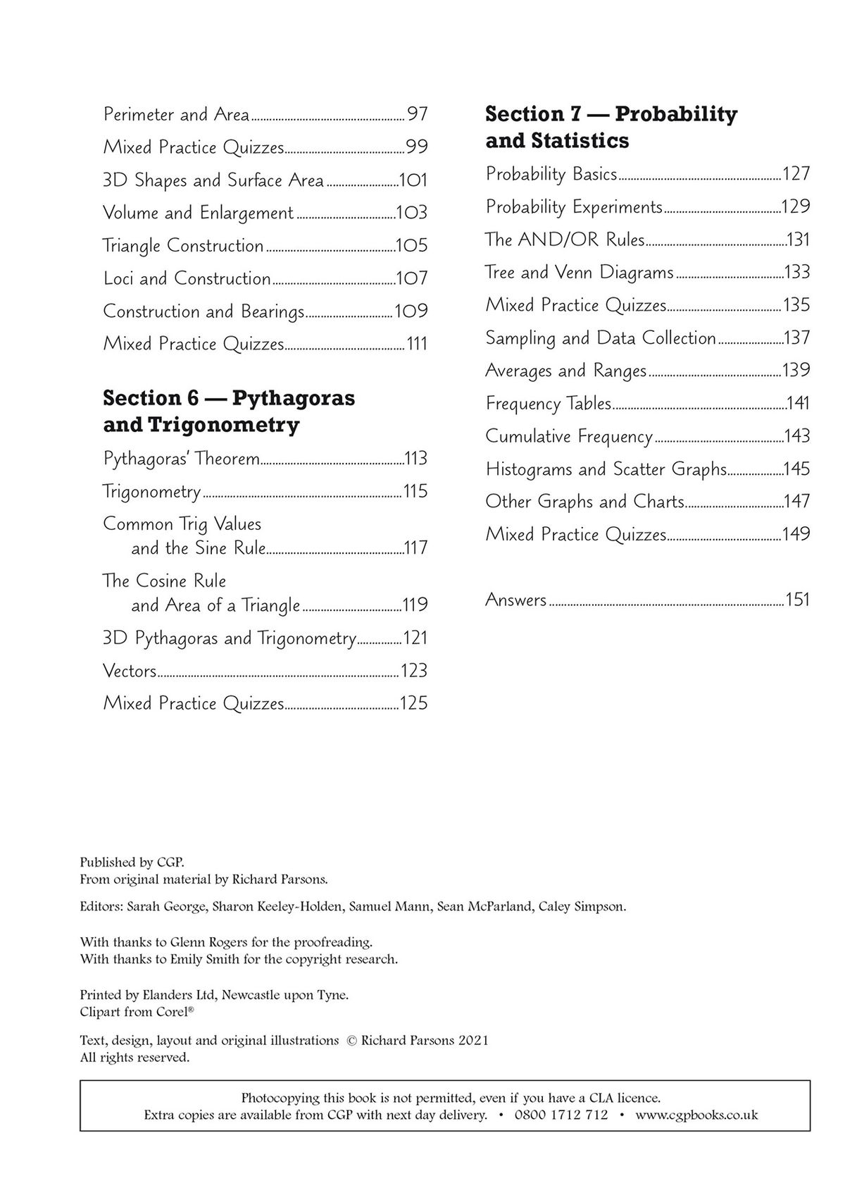 Contents page showing topic structure including Pythagoras, trigonometry, probability and statistics