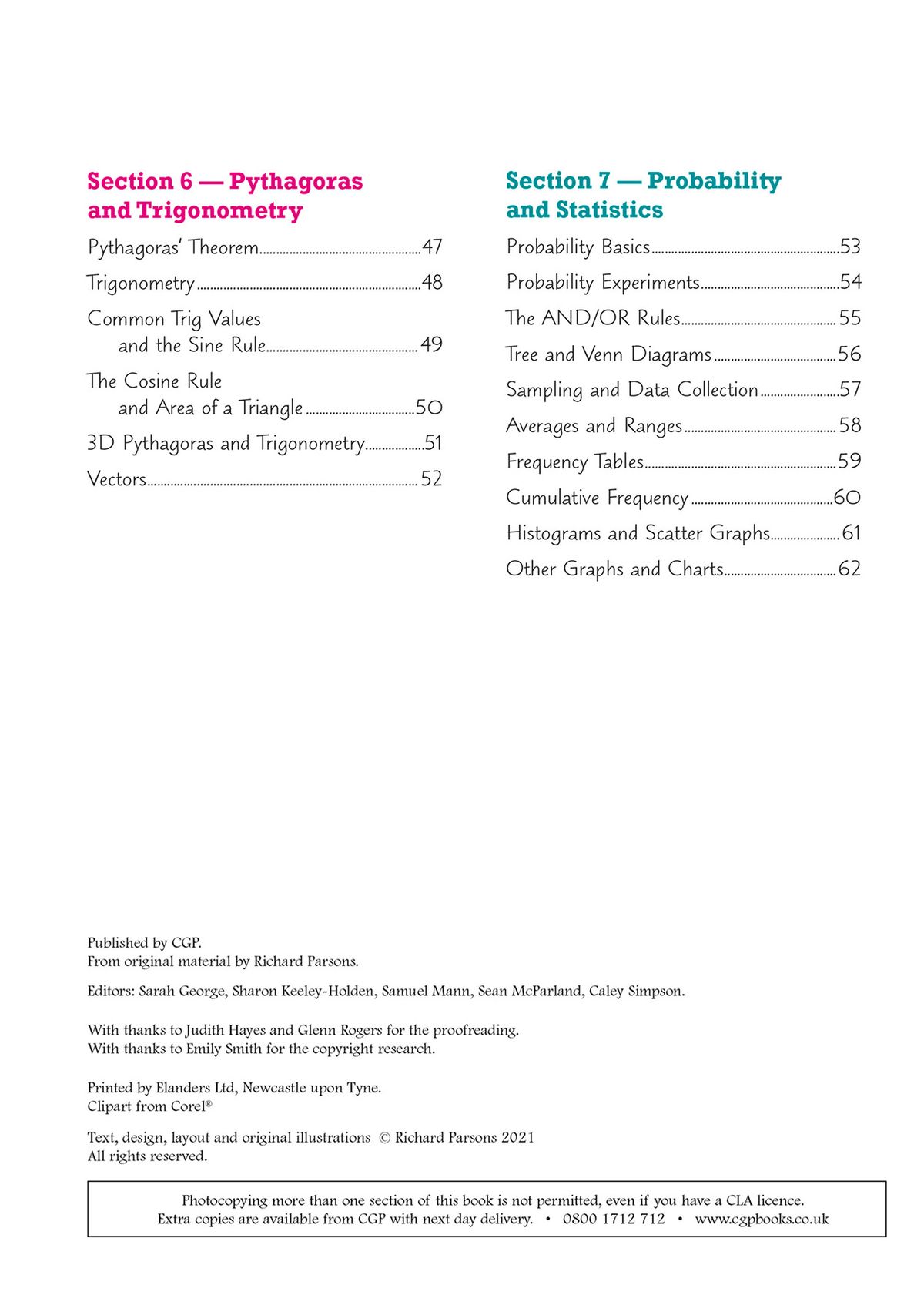 Detailed contents page showing Pythagoras, trigonometry, probability and statistics sections