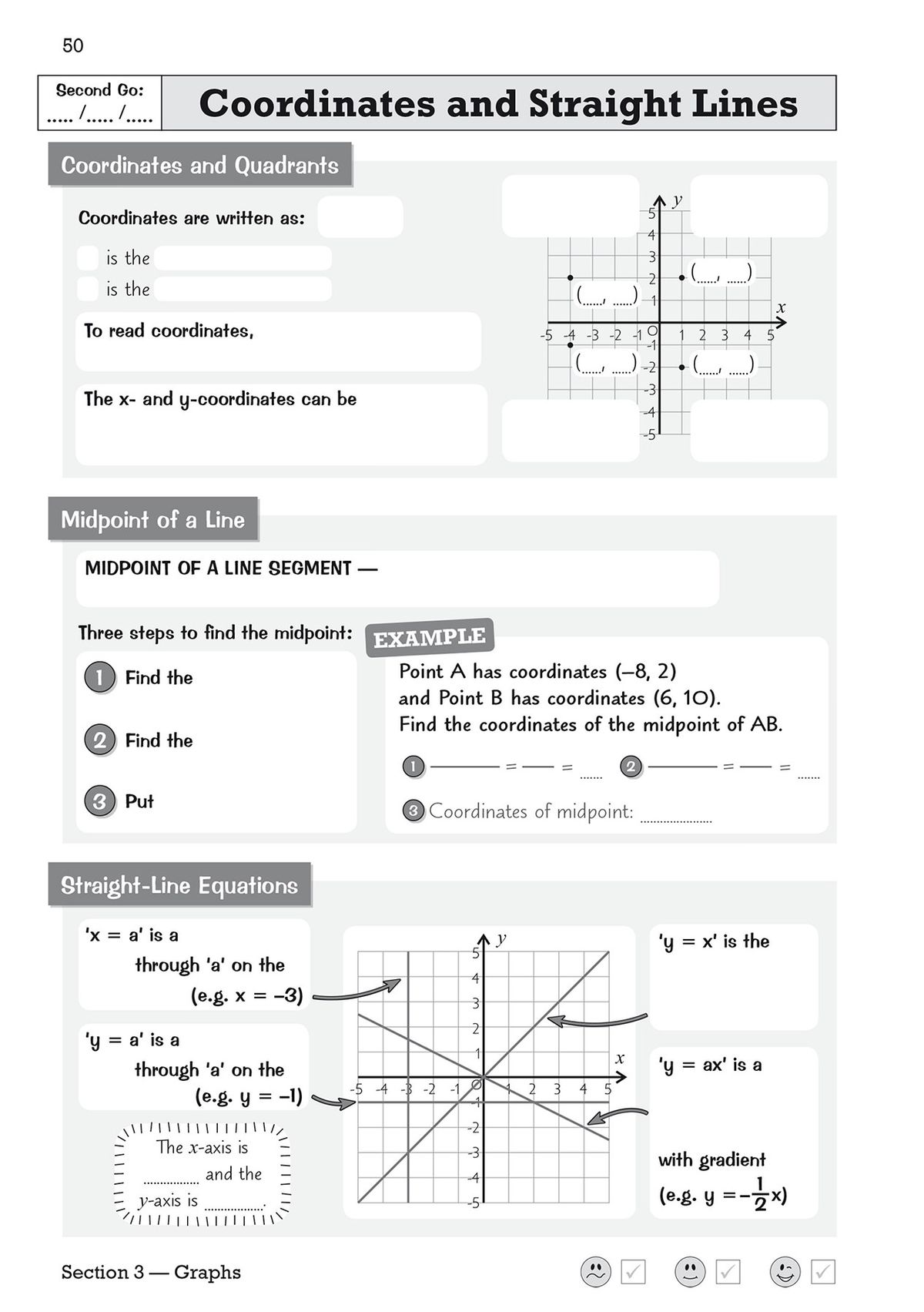 Sample page showing coordinates and straight-lines retrieval tasks with fill-in-the-blank exercises