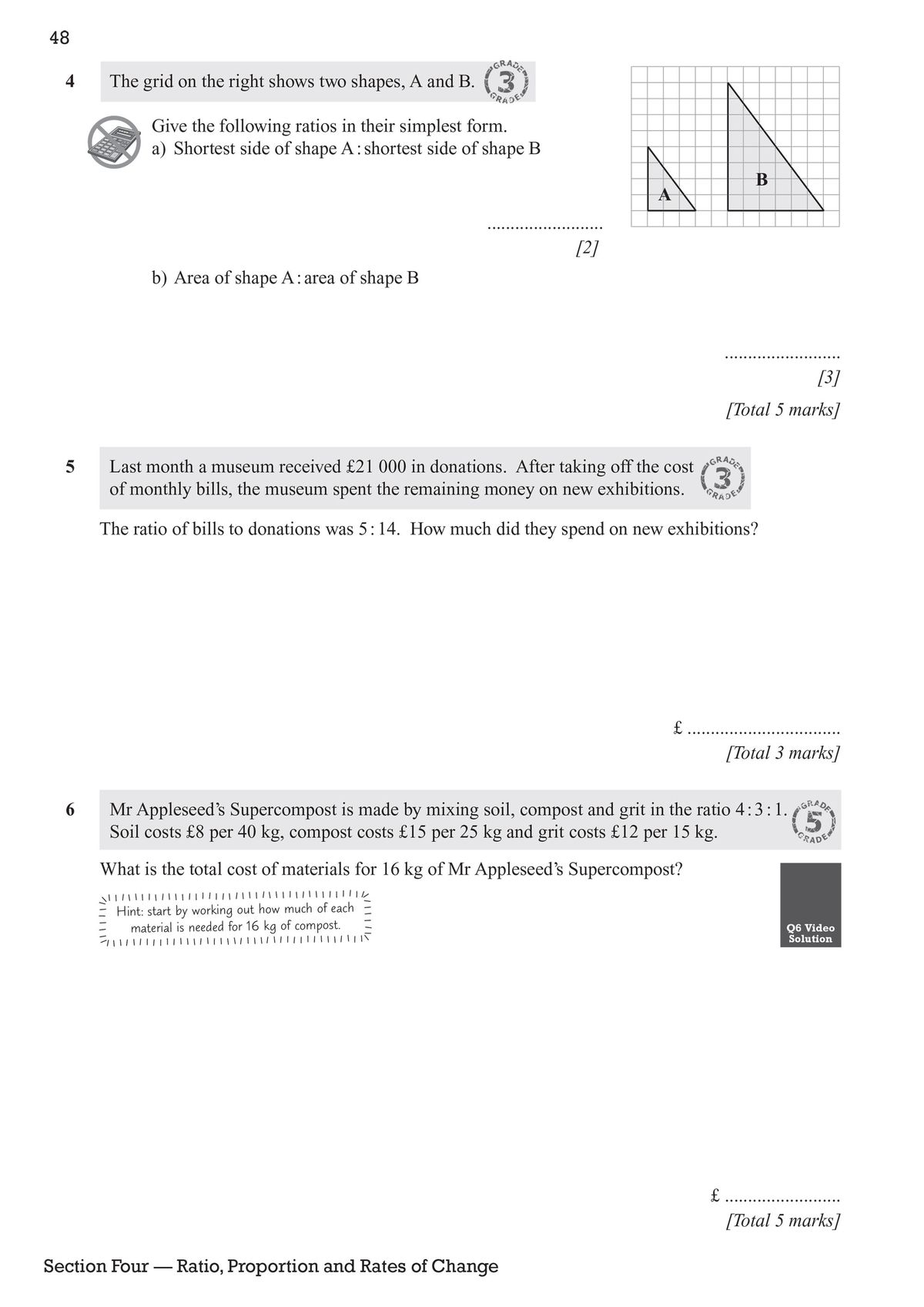 Inside pages showing ratio and proportion questions with difficulty markers and space for working
