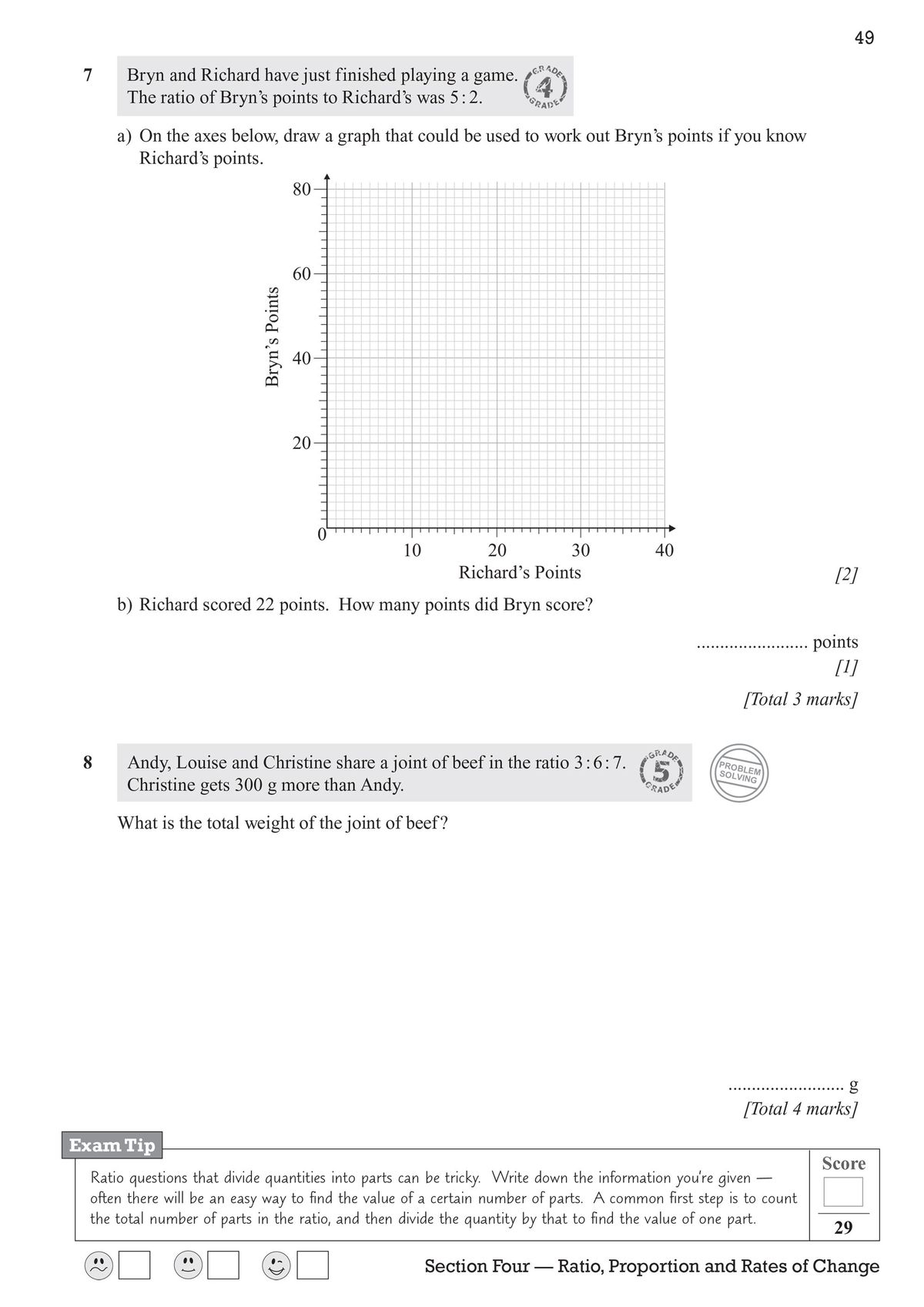 Workbook pages displaying ratio word problems with exam tips and video solution icons