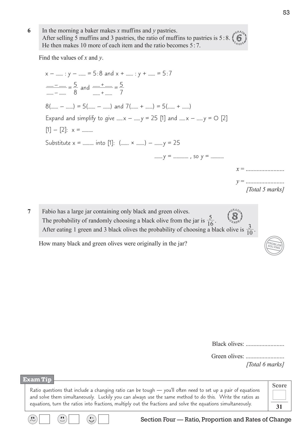 Sample page showing ratio and proportion questions with grade stamps