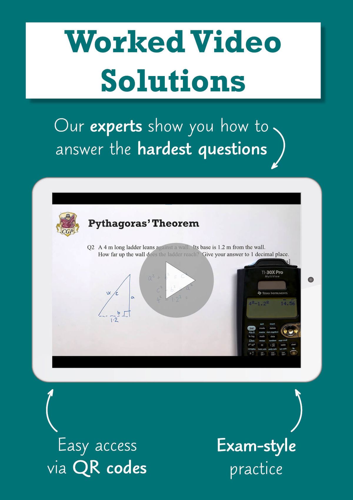Promotional page for worked video solutions showing tablet screen with Pythagoras' Theorem example