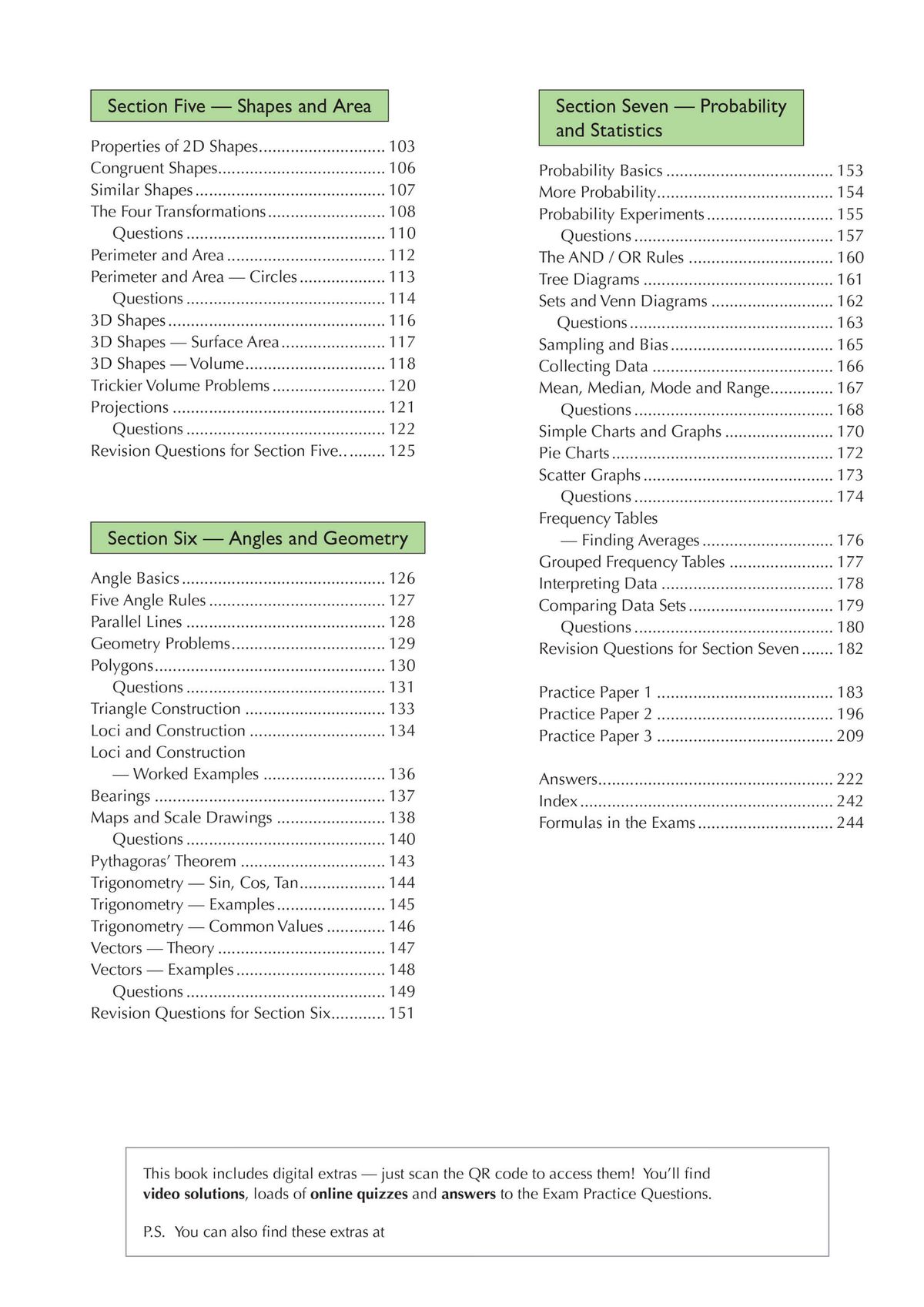 Contents page showing topics including shapes and area, angles and geometry, and probability and statistics