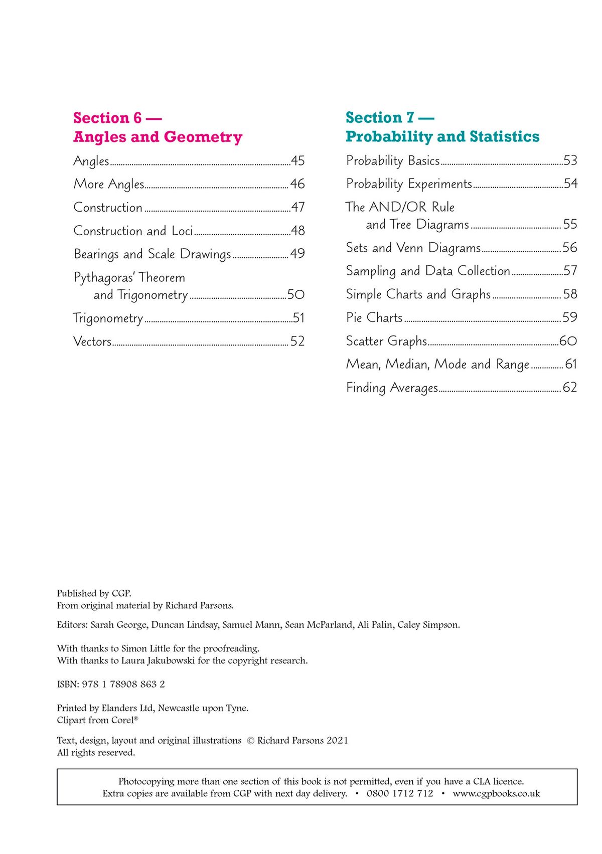 Table of contents showing sections on angles, geometry, probability and statistics