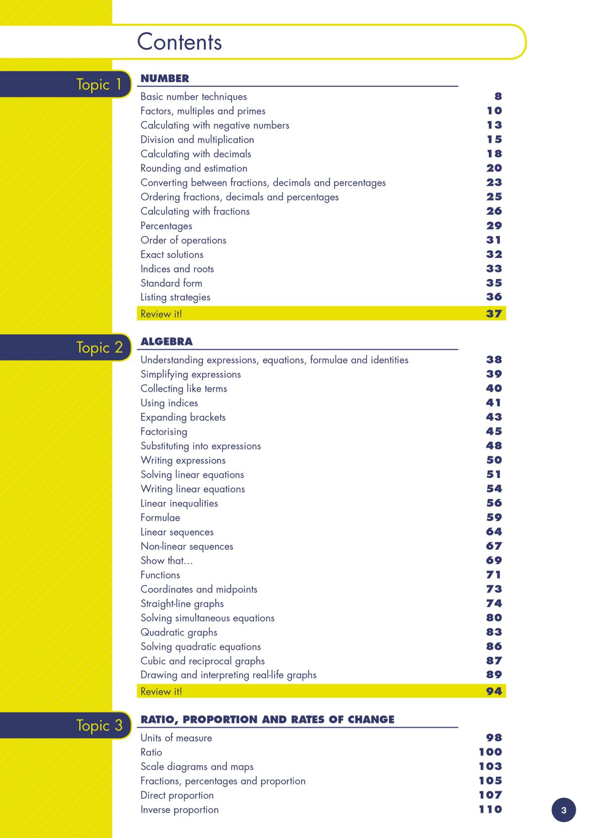 Contents page showing Number, Algebra and Ratio topics with page numbers