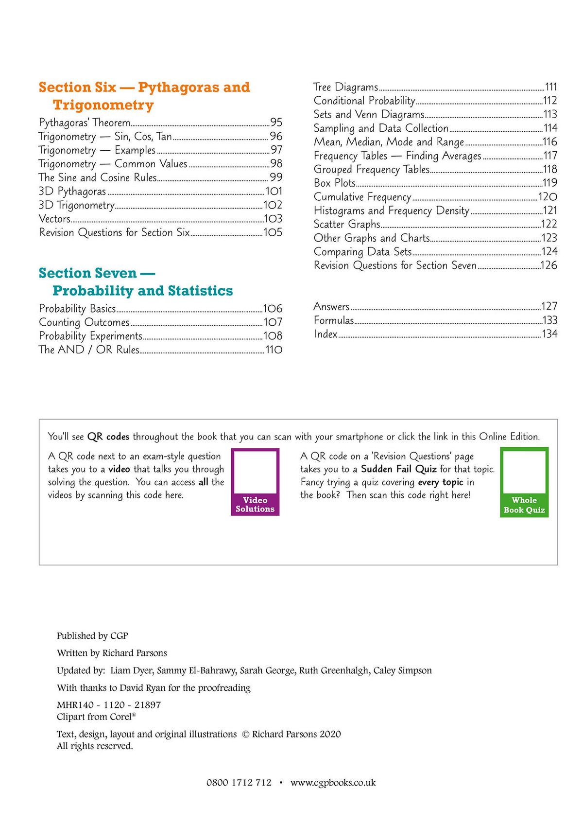 Contents page listing trigonometry, probability and statistics topics
