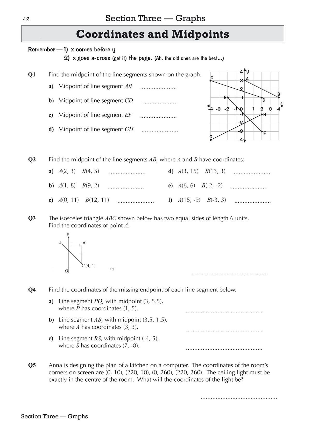 Sample page showing coordinates and midpoints questions with graphs