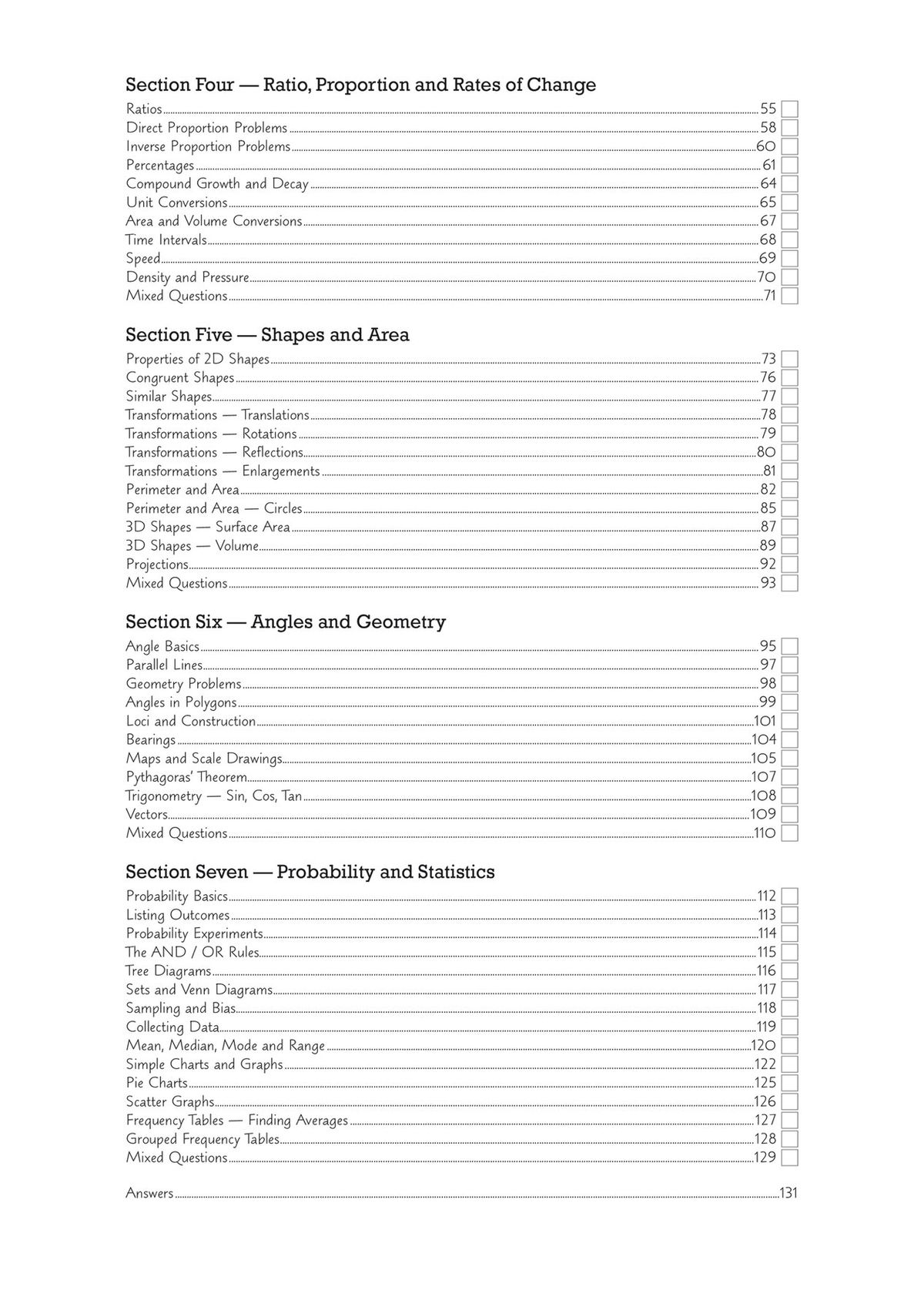 Contents page listing ratio, proportion, shapes, area, angles, geometry, probability and statistics sections