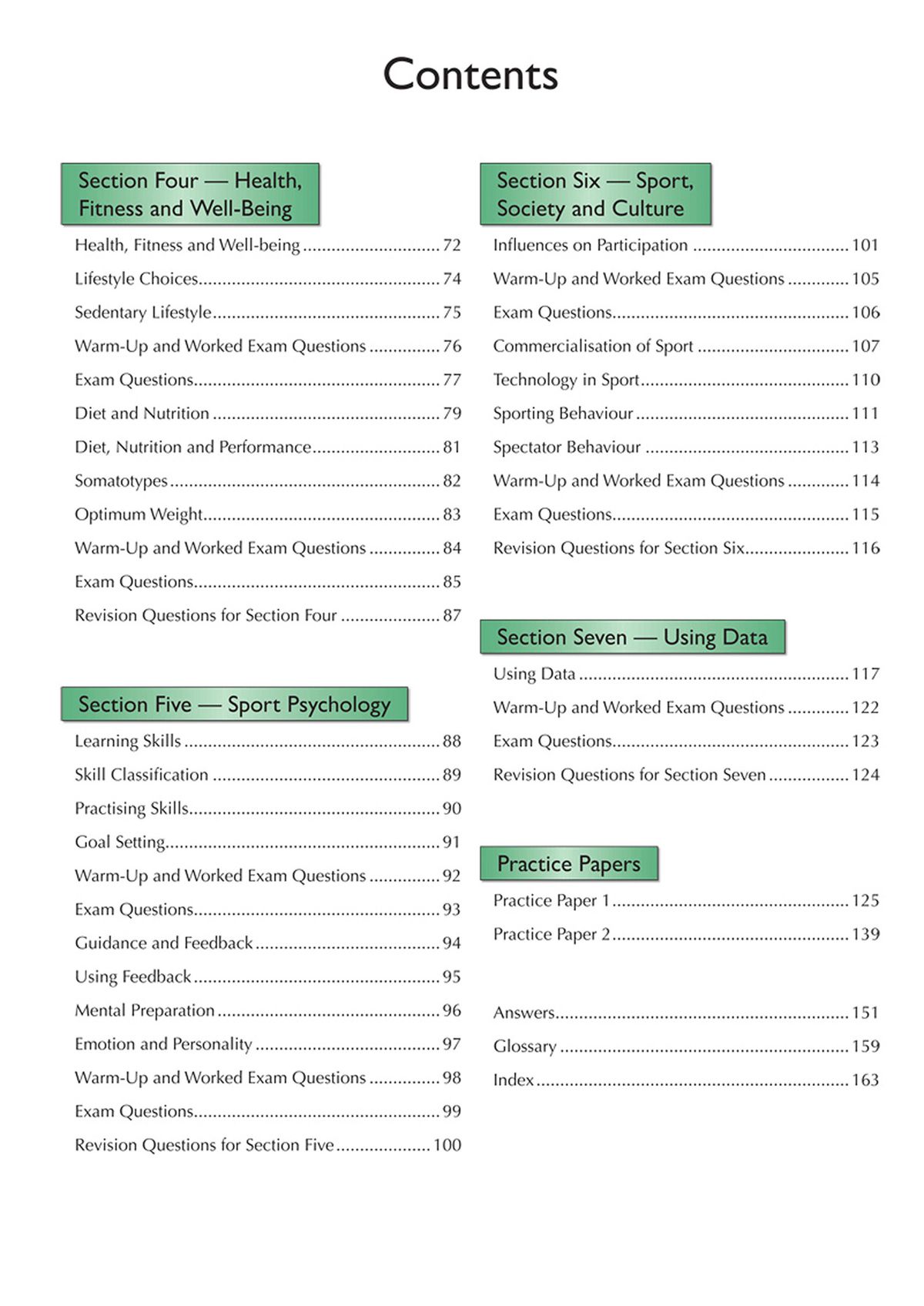 Contents page listing all seven sections from Anatomy to Using Data plus Practice Papers