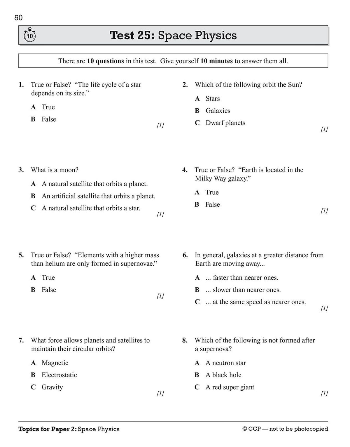 Sample test page showing Space Physics questions with multiple choice and short answer formats