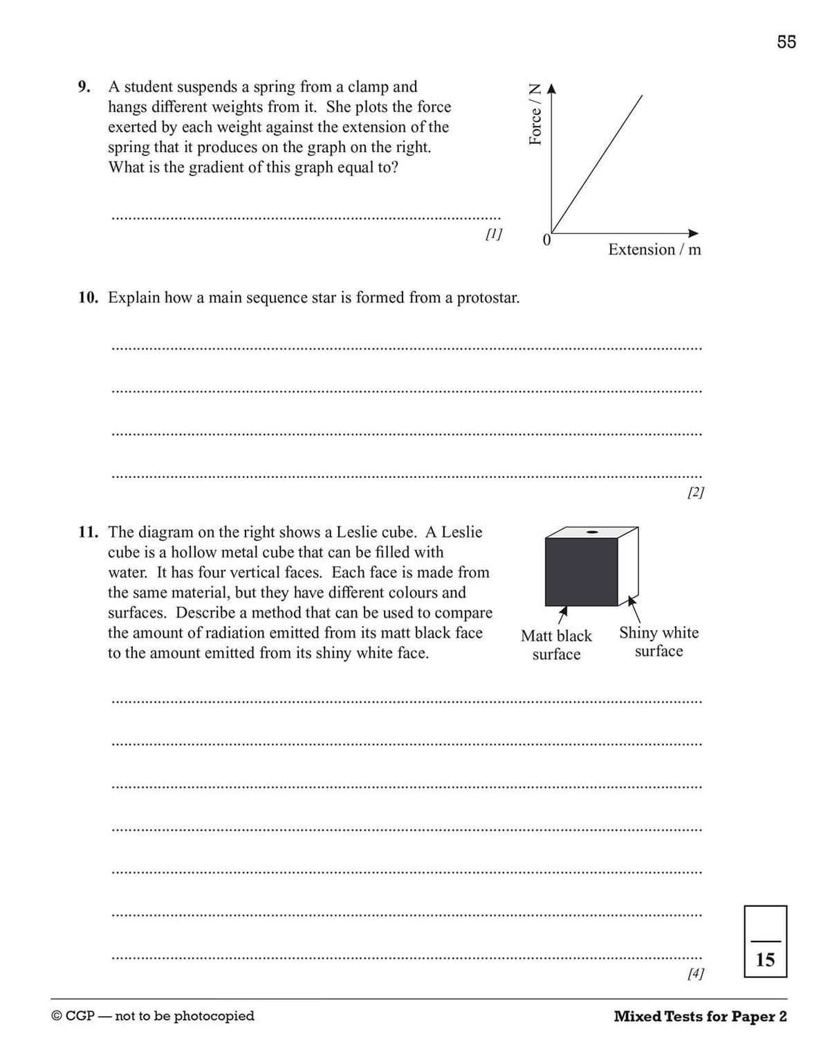 Sample test page showing mixed Physics questions including diagrams and extended answer space