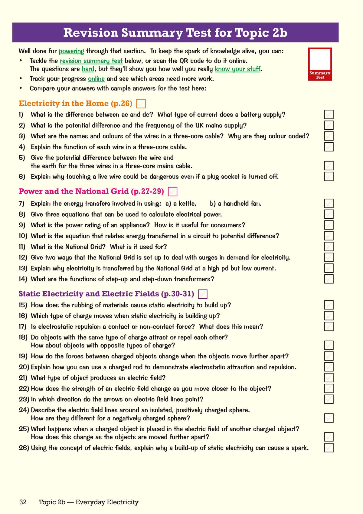 Revision summary test page showing electricity topics with tick-box questions