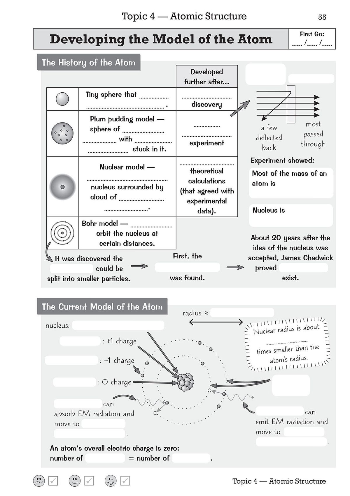 Completed sample page showing filled-in answers about atomic models, including plum pudding and nuclear models