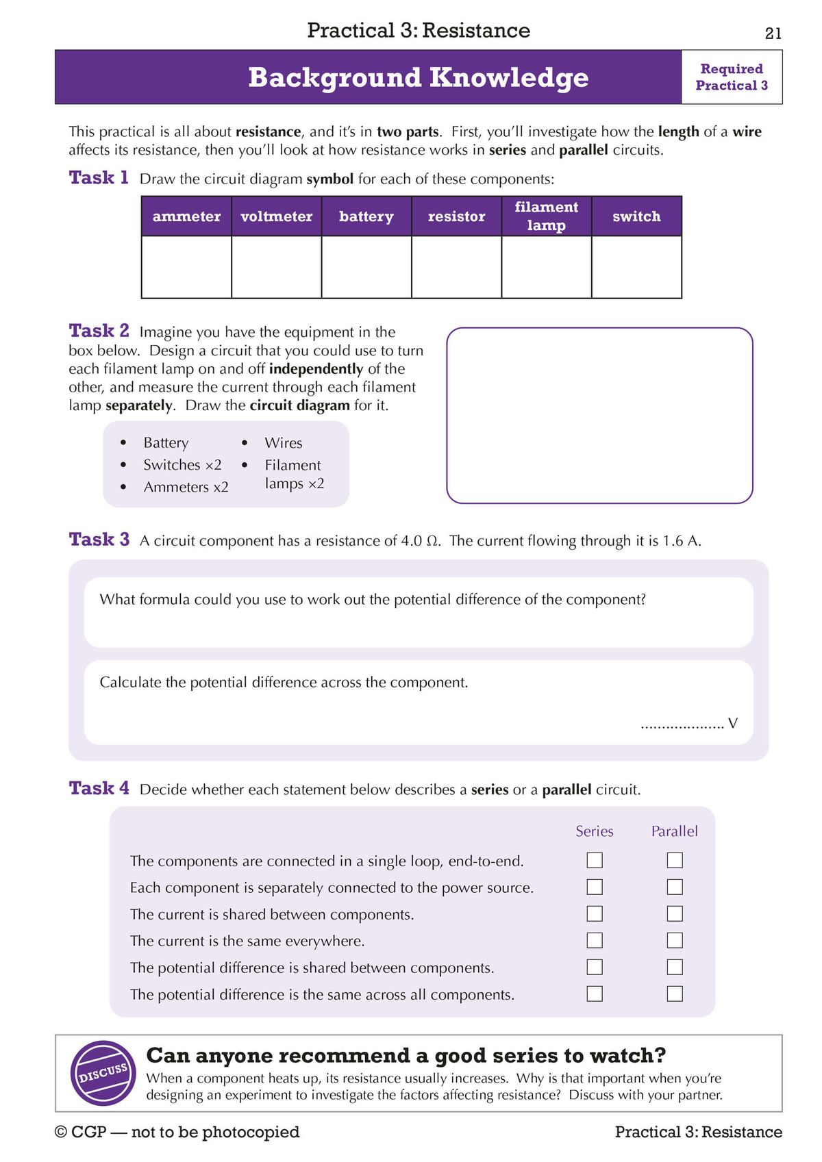 Background knowledge page for Required Practical 3 on Resistance