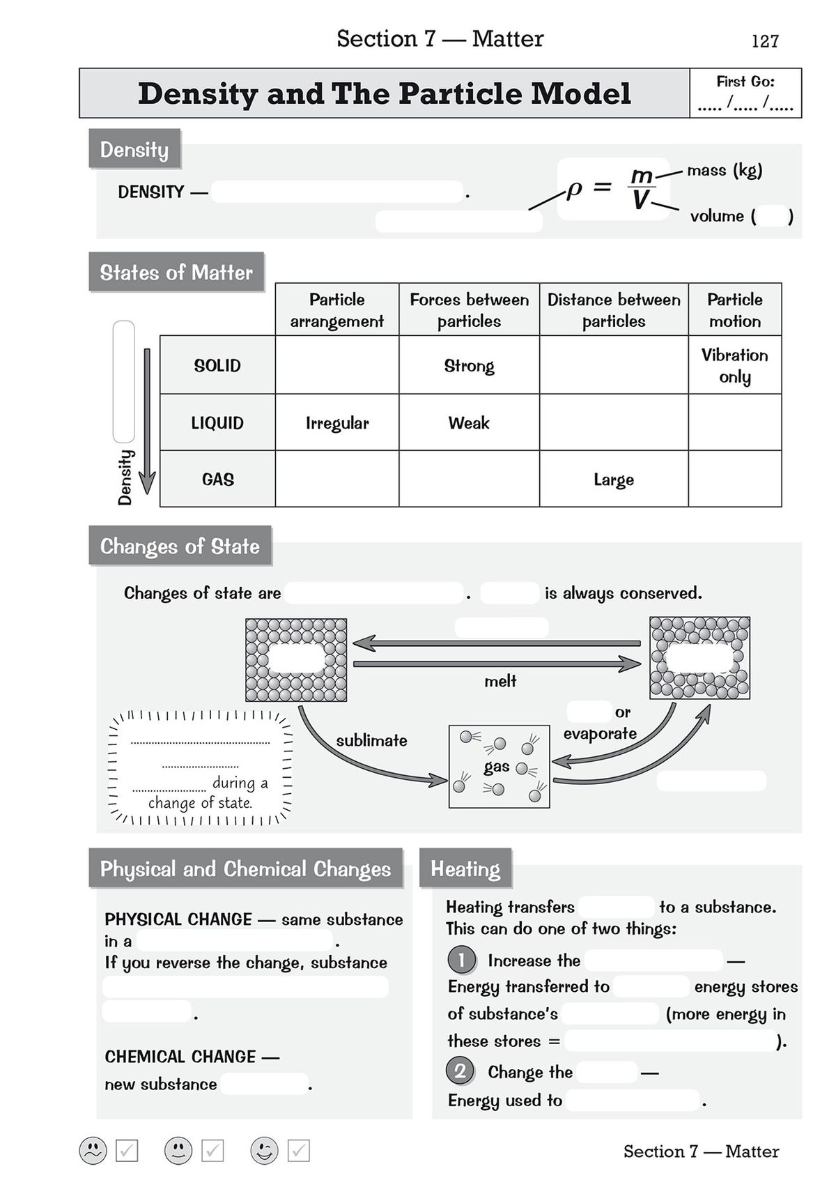 Sample page showing density formula and particle model tables