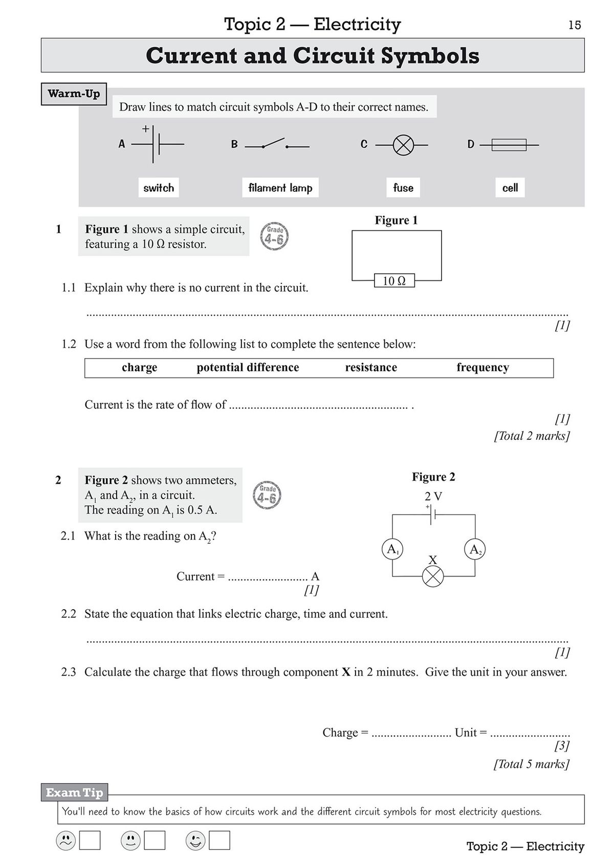 Inside pages showing graded electricity questions with circuit diagrams and practical tasks